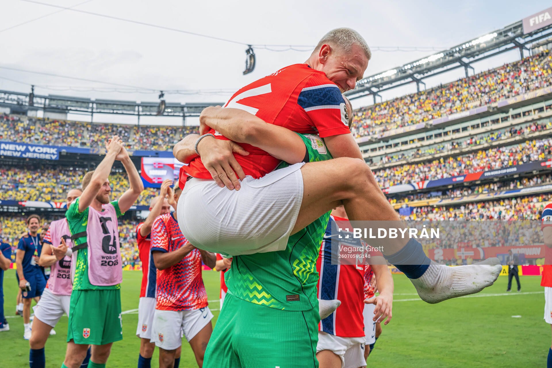 Julian Ryerson and goalkeeper Ørjan Nyland of Norway