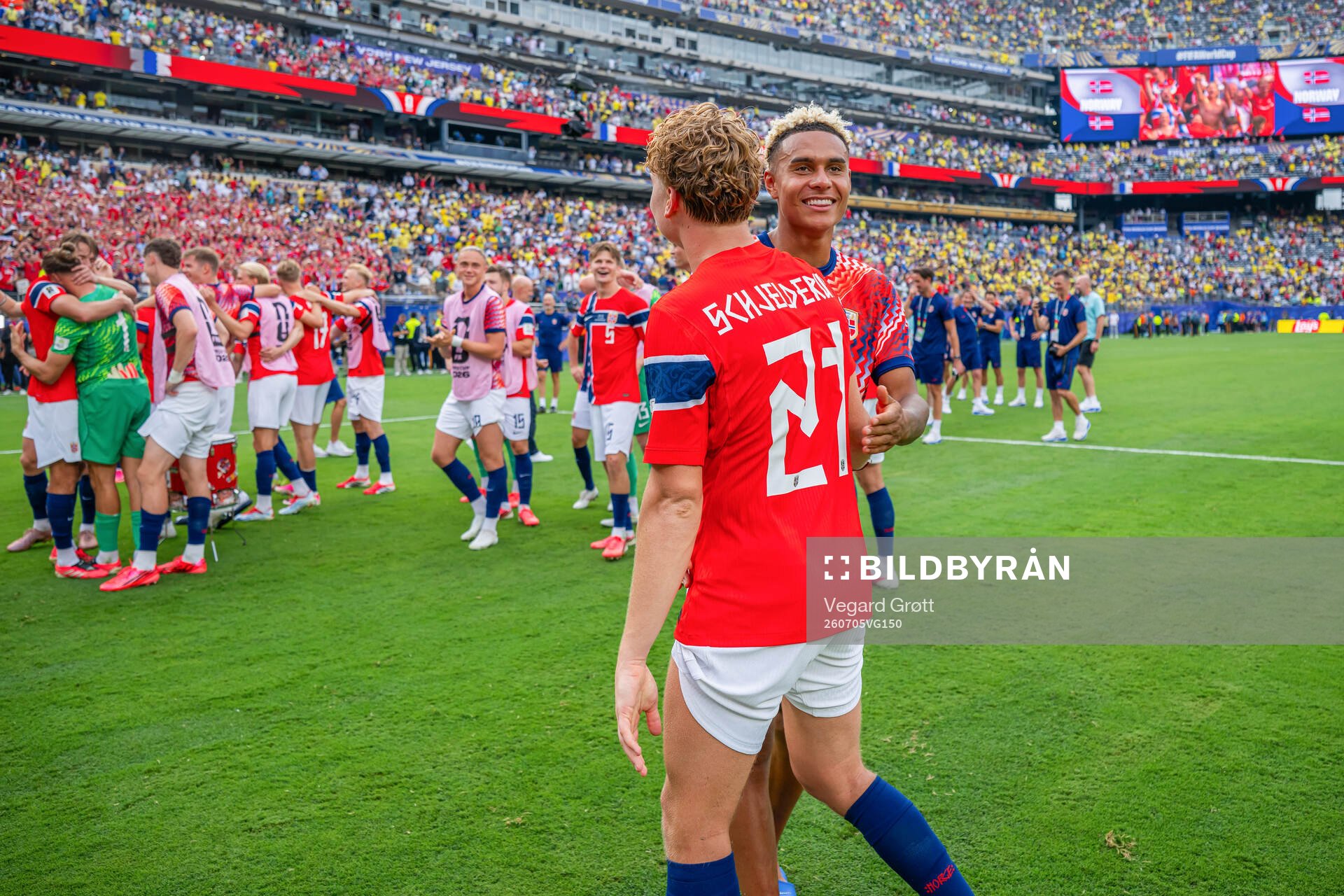Andreas Schjelderup and Antonio Nusa of Norway celebrate