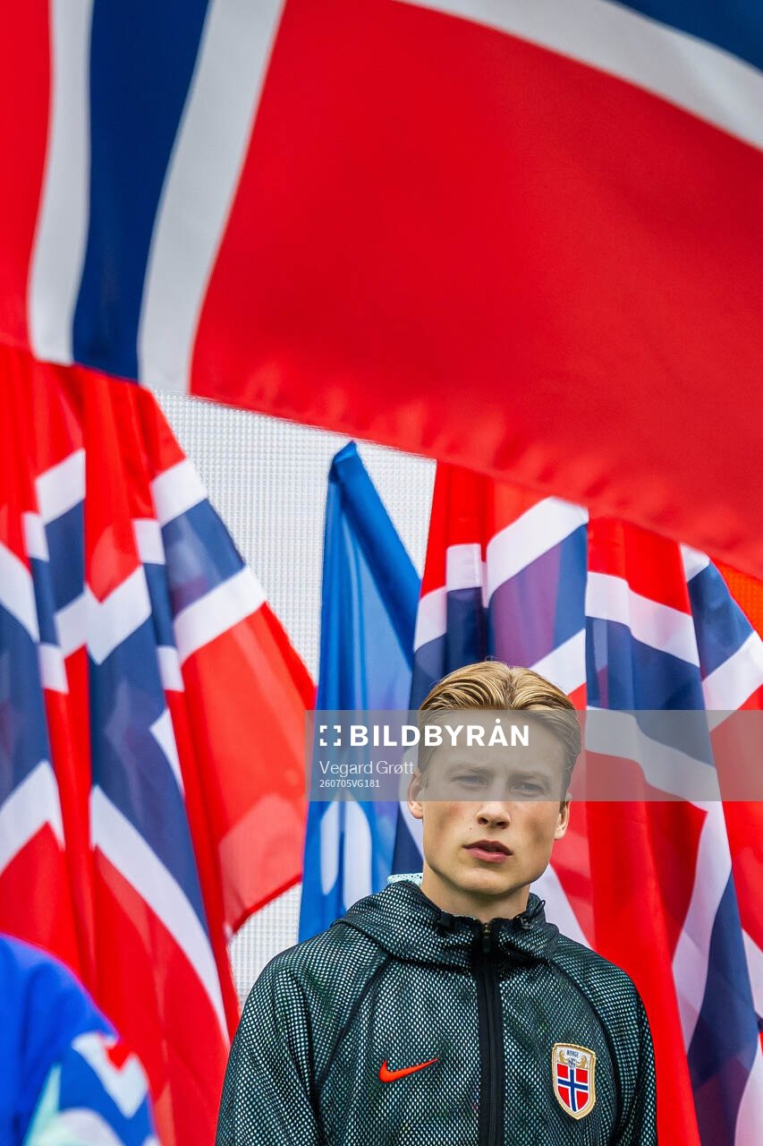 Goalkeeper Sander Tangvik of Norway enters the pitch