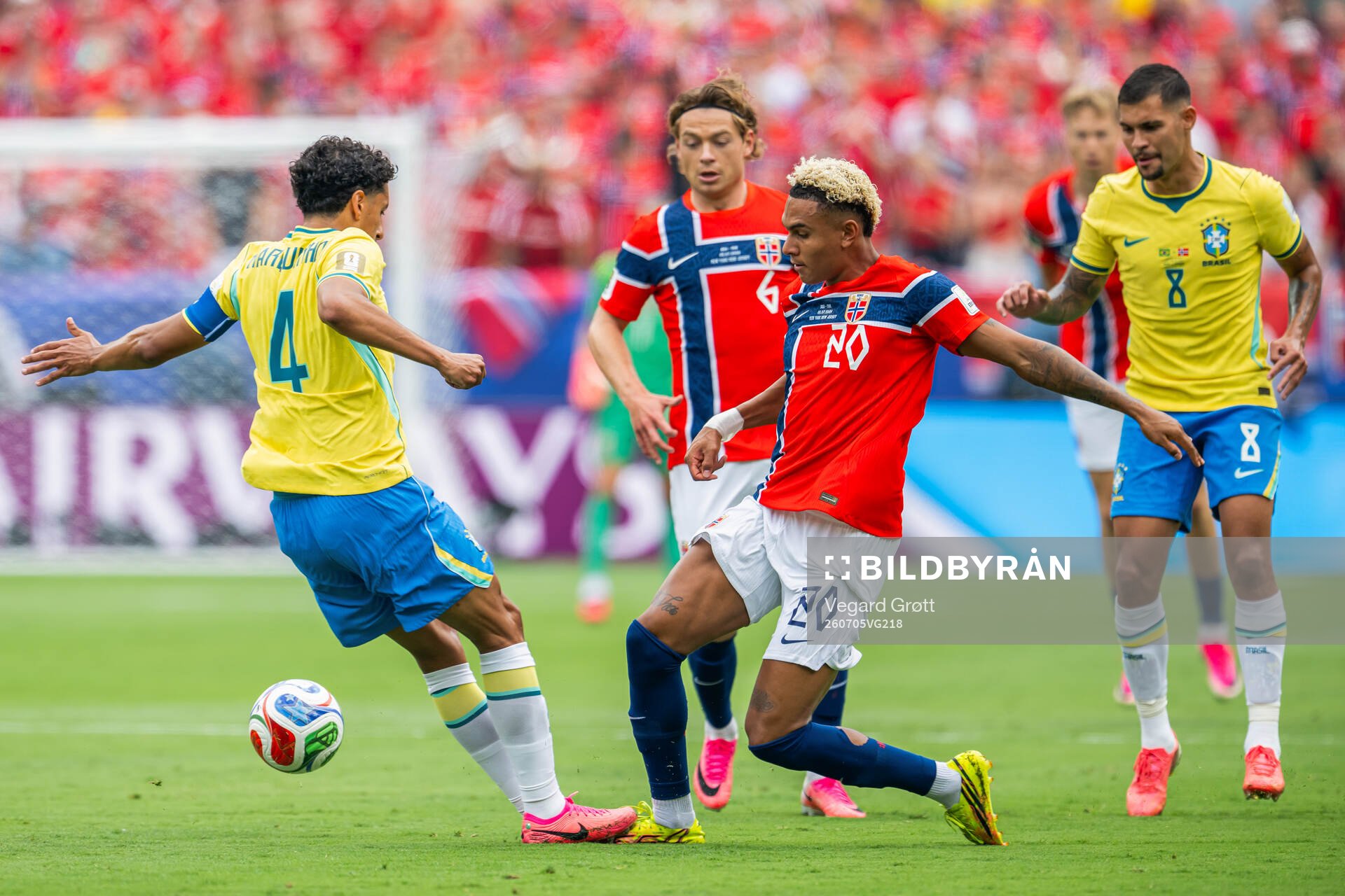 Marquinhos of Brazil and Antonio Nusa of Norway