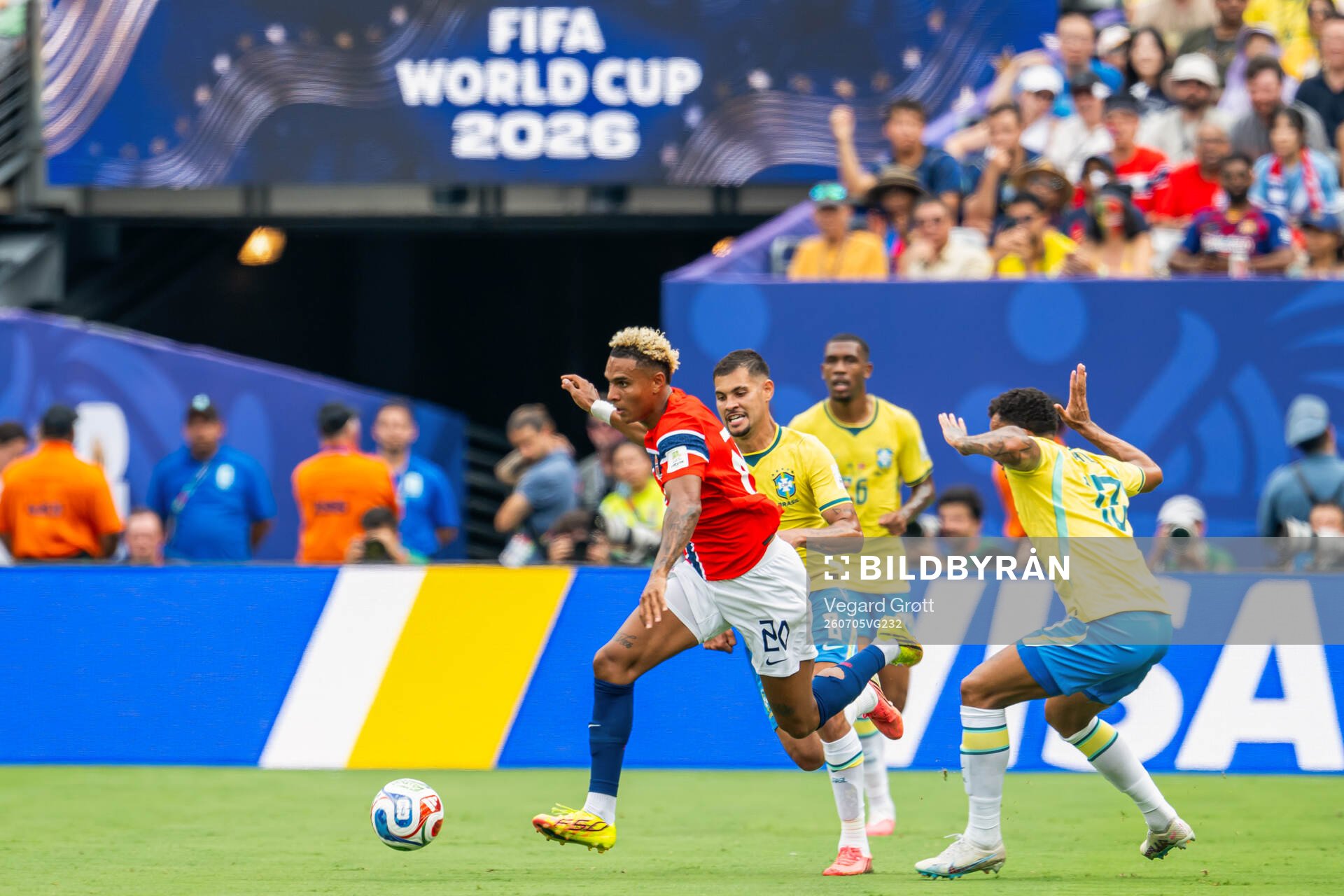 Antonio Nusa of Norway and Bruno Guimaraes of Brazil