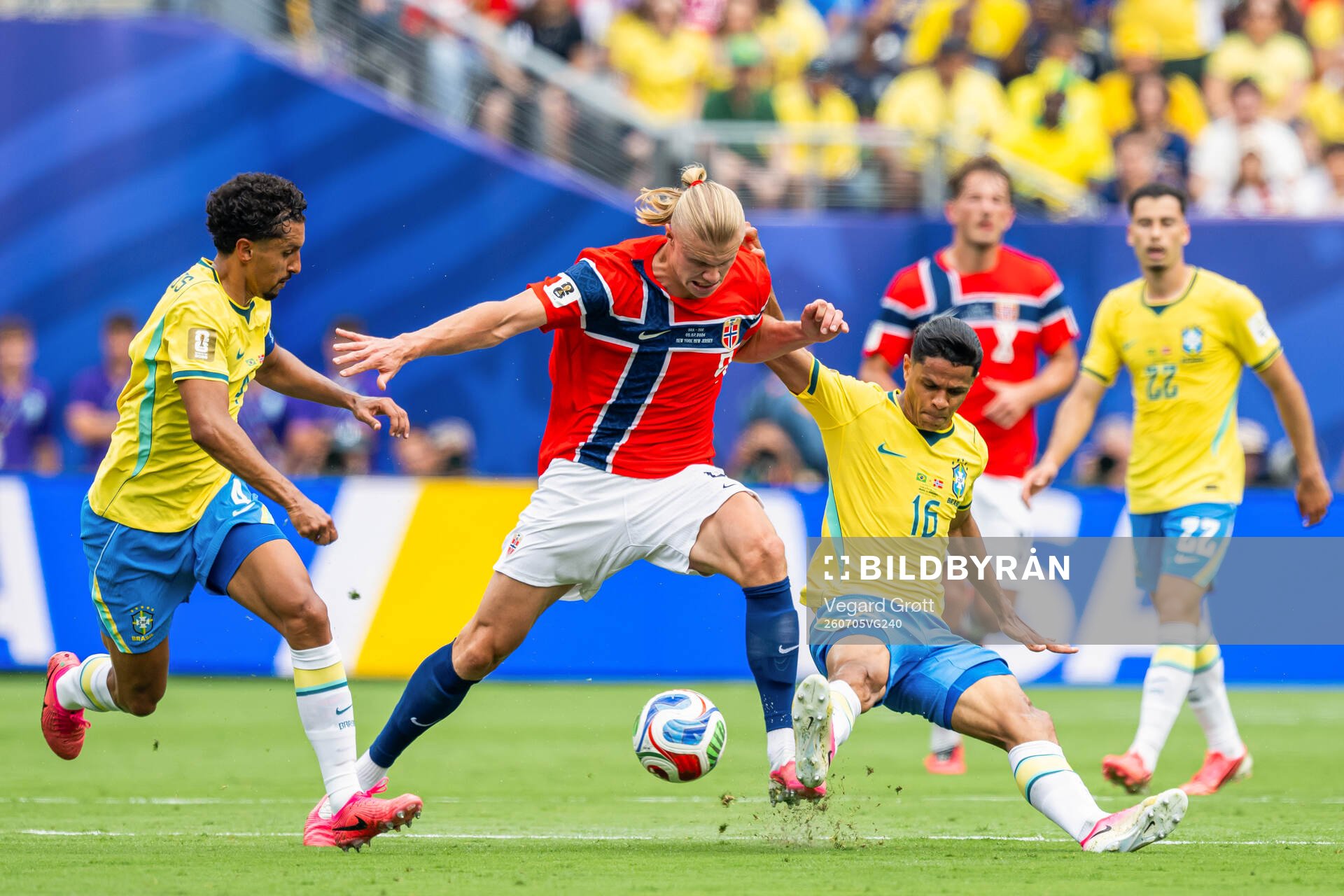 Marquinhos of Brazil, Erling Braut Haaland of Norway and