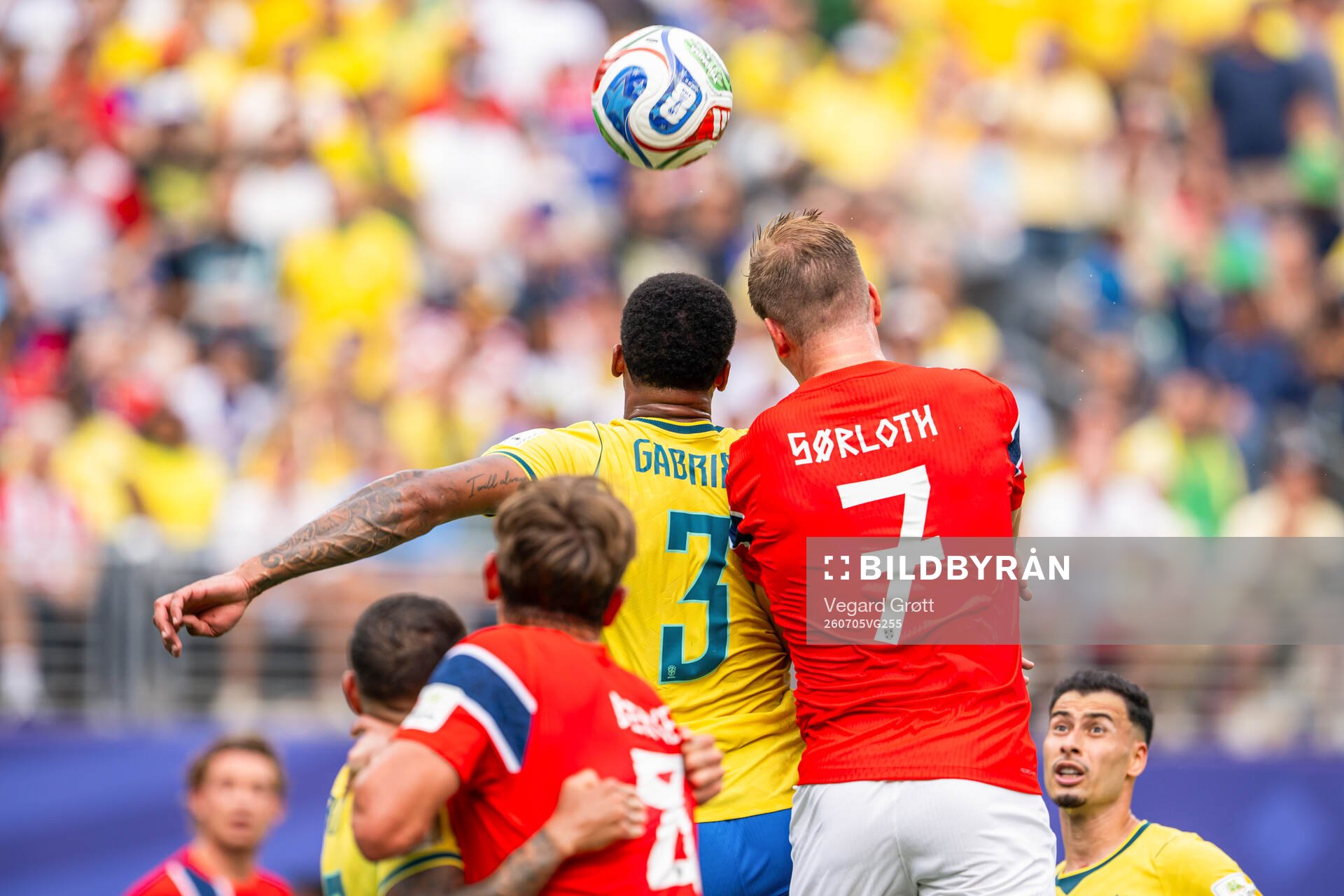 Gabriel Magalhaes of Brazil and Alexander Sørloth of Norway