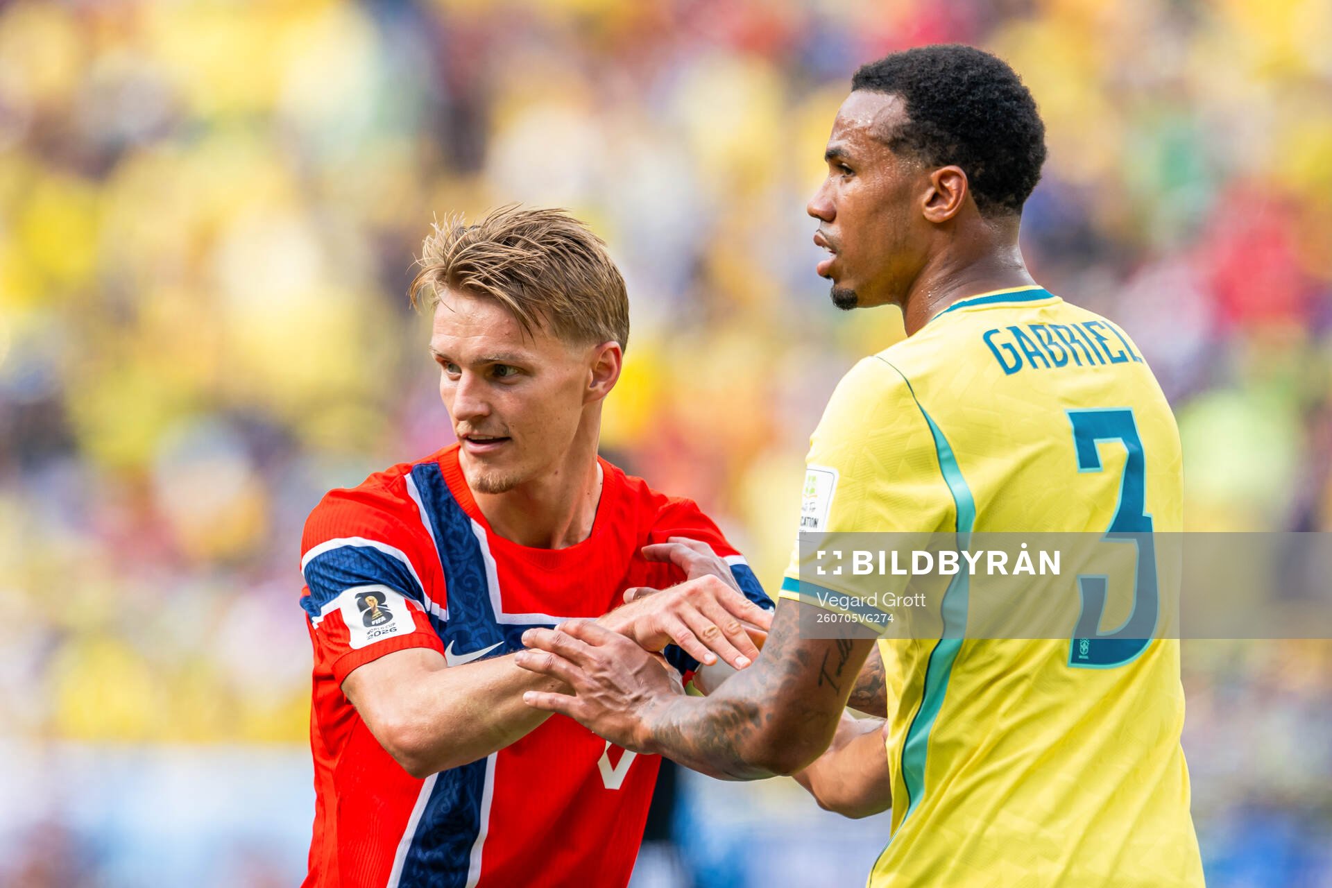 Martin Ødegaard of Norway and Gabriel Magalhaes of Brazil