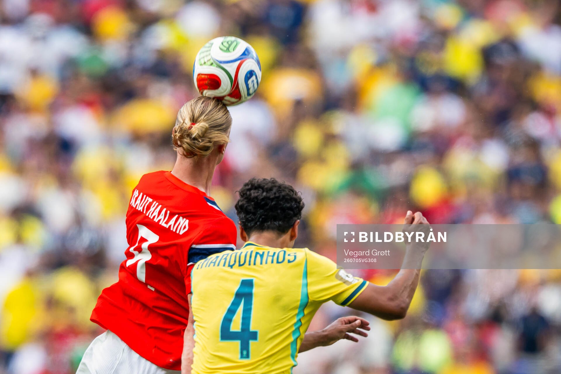 Erling Braut Haaland of Norway and Marquinhos of Brazil