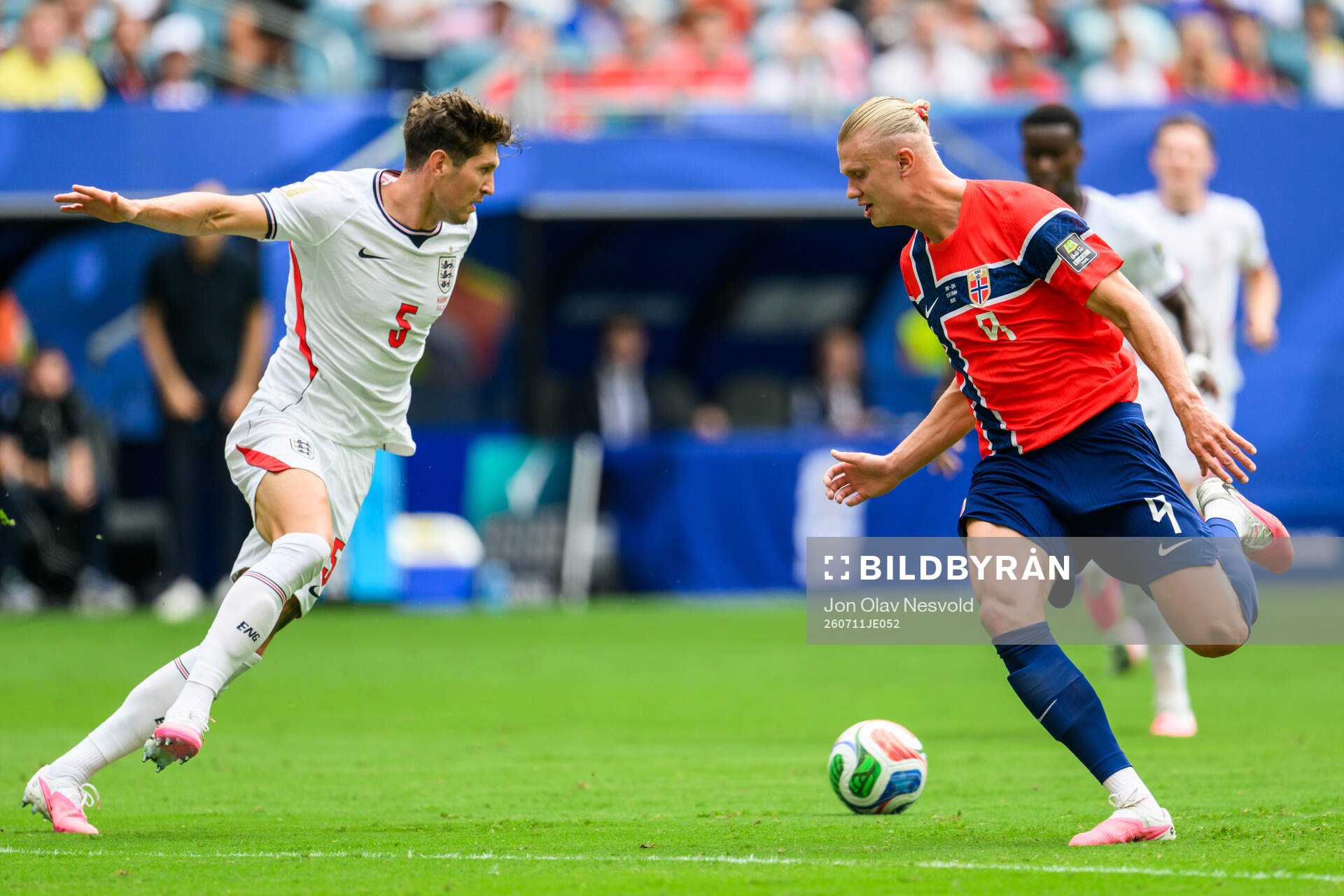 John Stones of England and Erling Braut Haaland of Norway