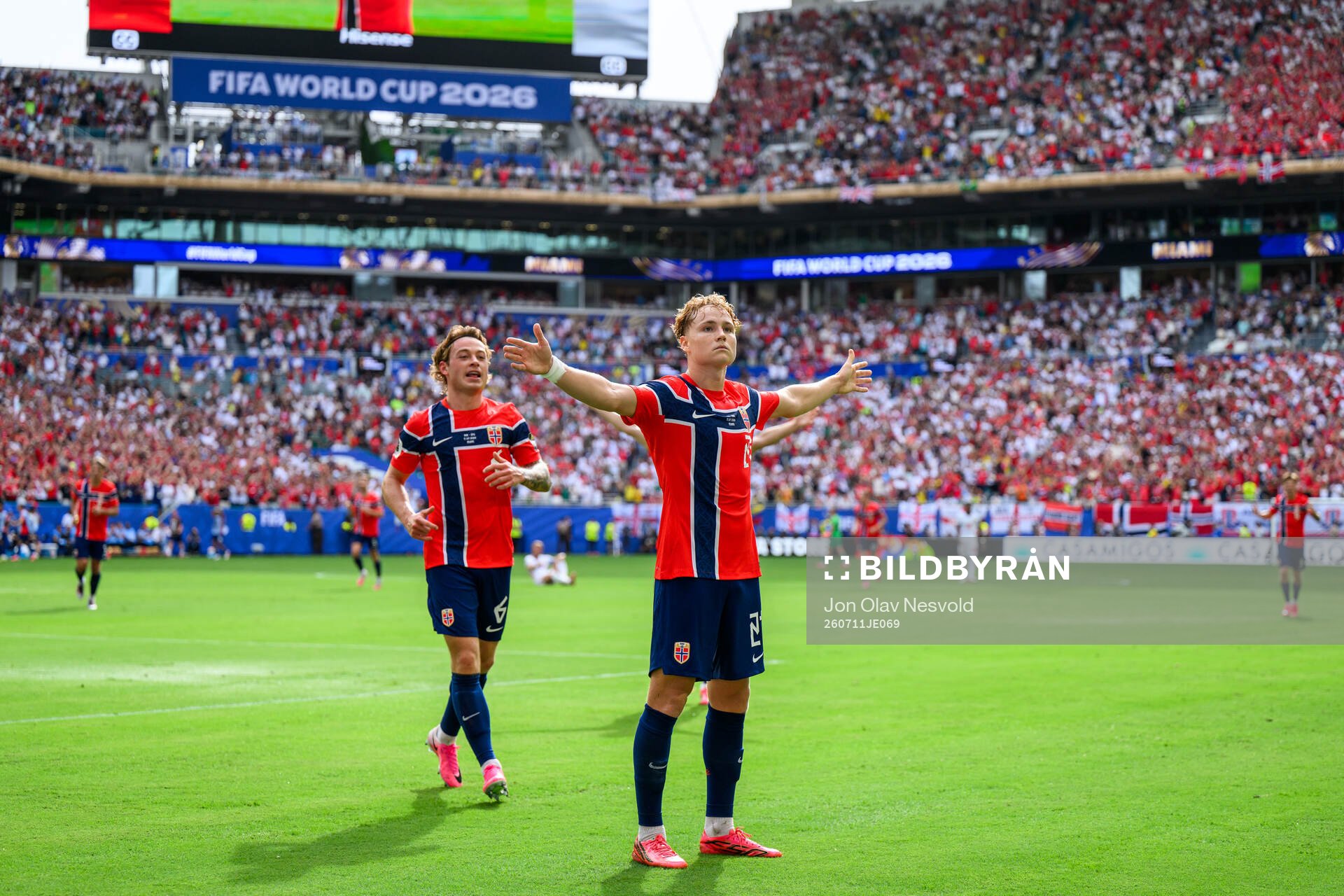 Patrick Berg and Andreas Schjelderup of Norway celebrate 1-0