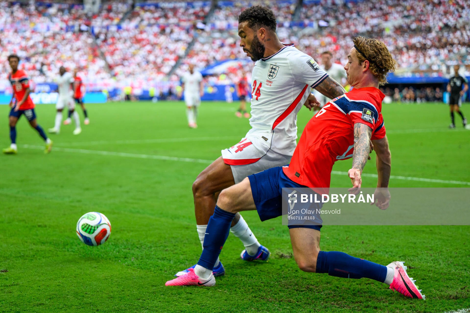 Reece James of England and Patrick Berg of Norway