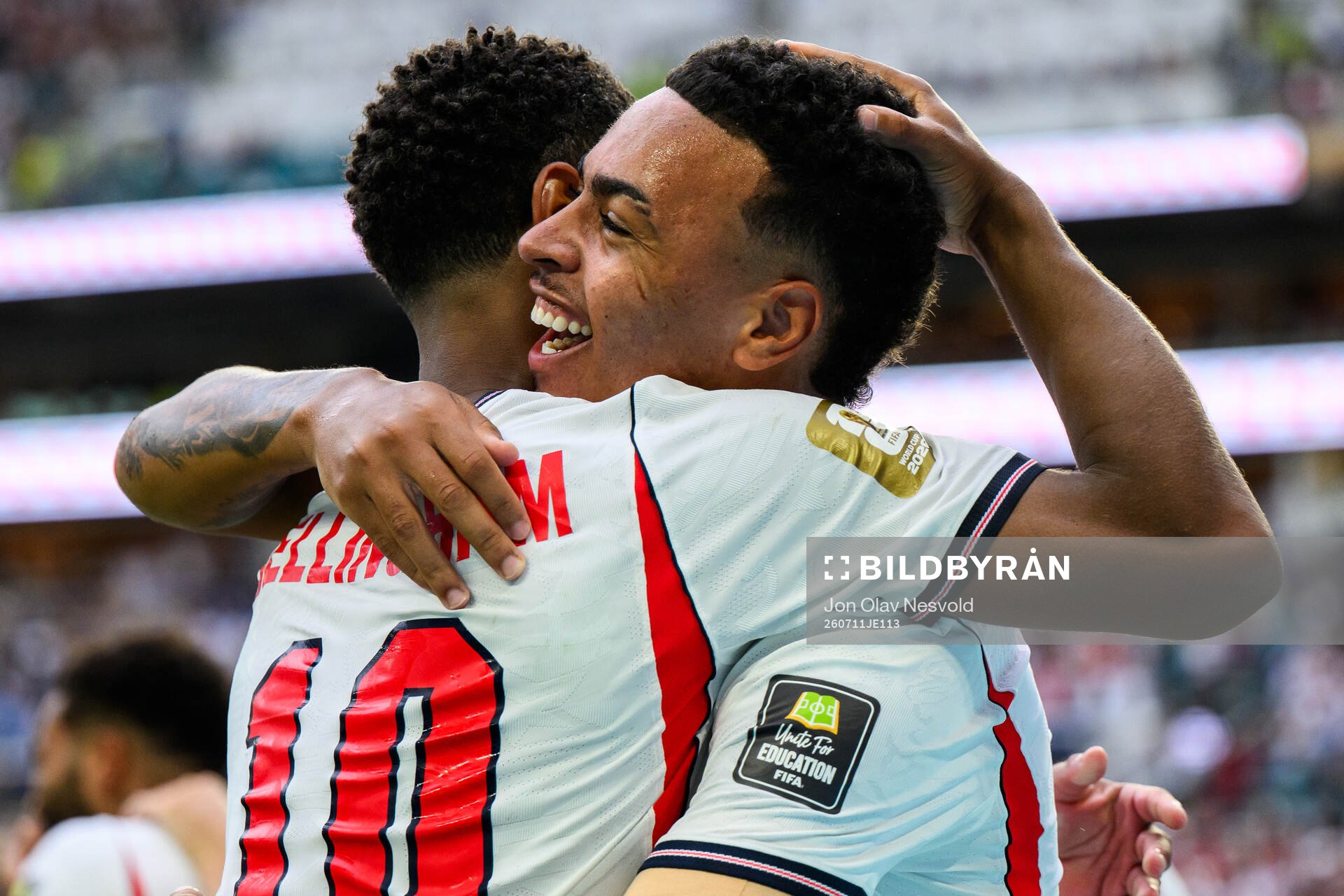 Jude Bellingham and Morgan Rogers of England celebrate