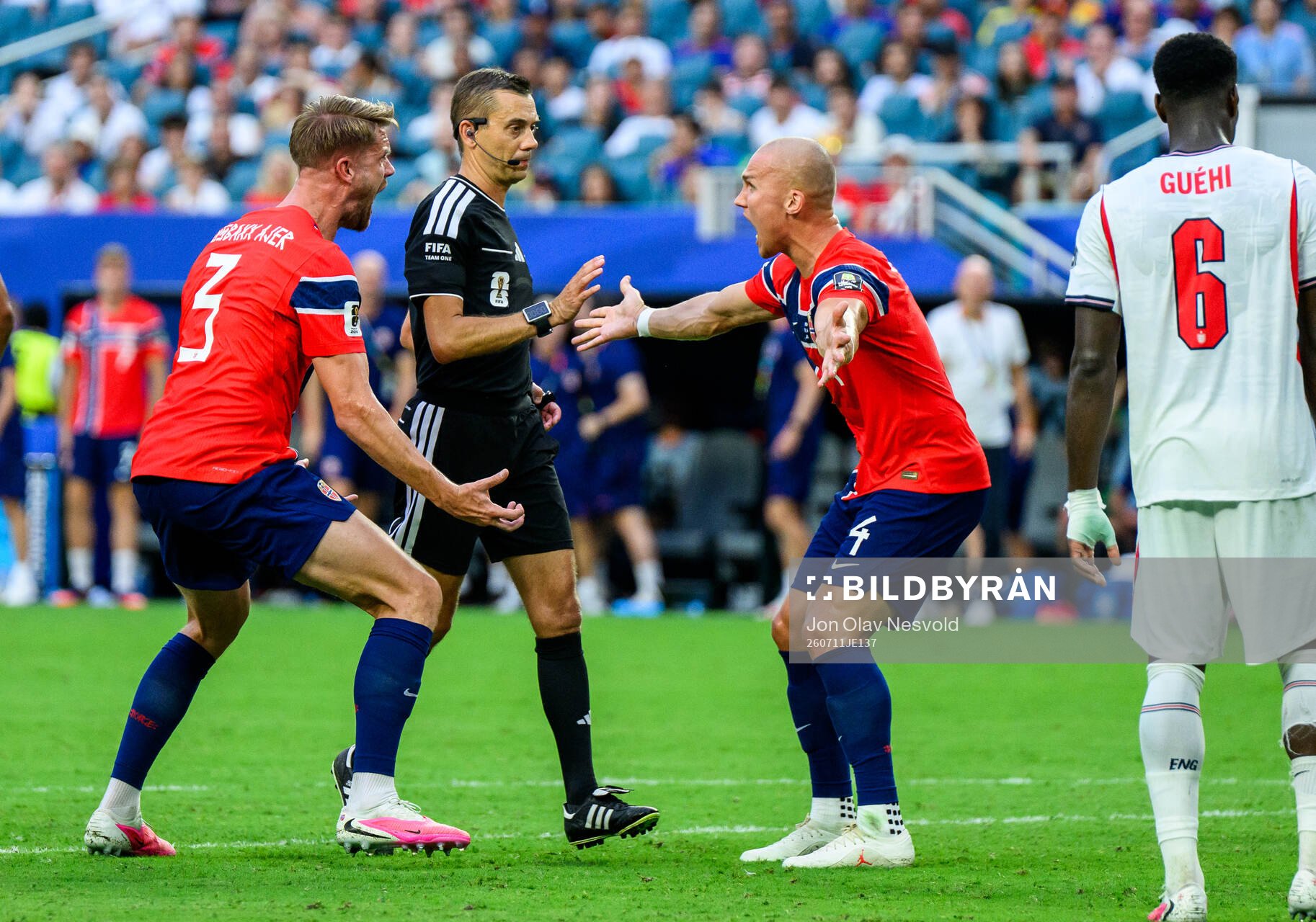 Kristoffer Ajer and Leo Østigård of Norway against