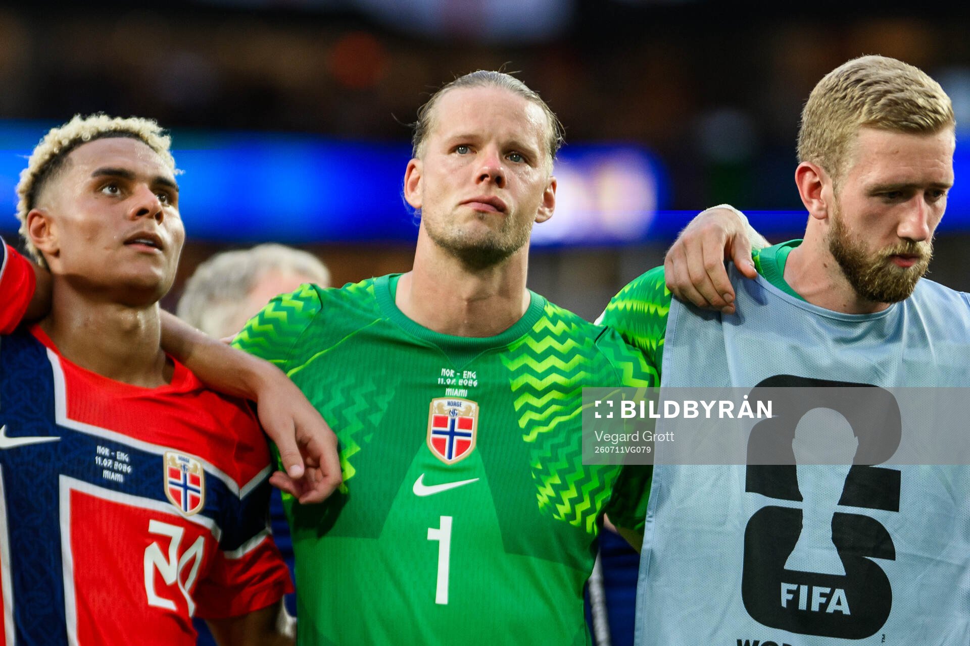 Antonio Nusa and goalkeeper Ørjan Nyland of Norway