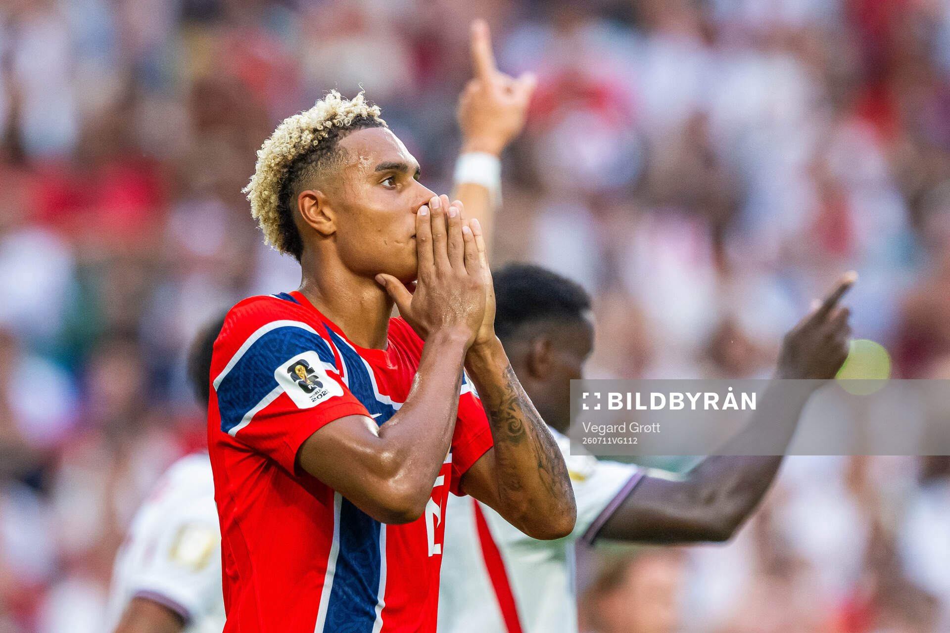 Antonio Nusa of Norway reacts