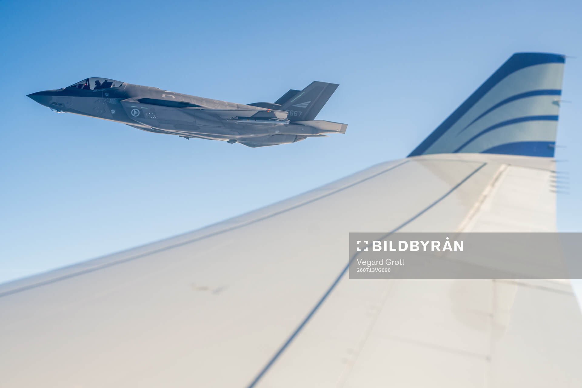 F-35 fighter jet of Royal Norwegian Air Force escort the