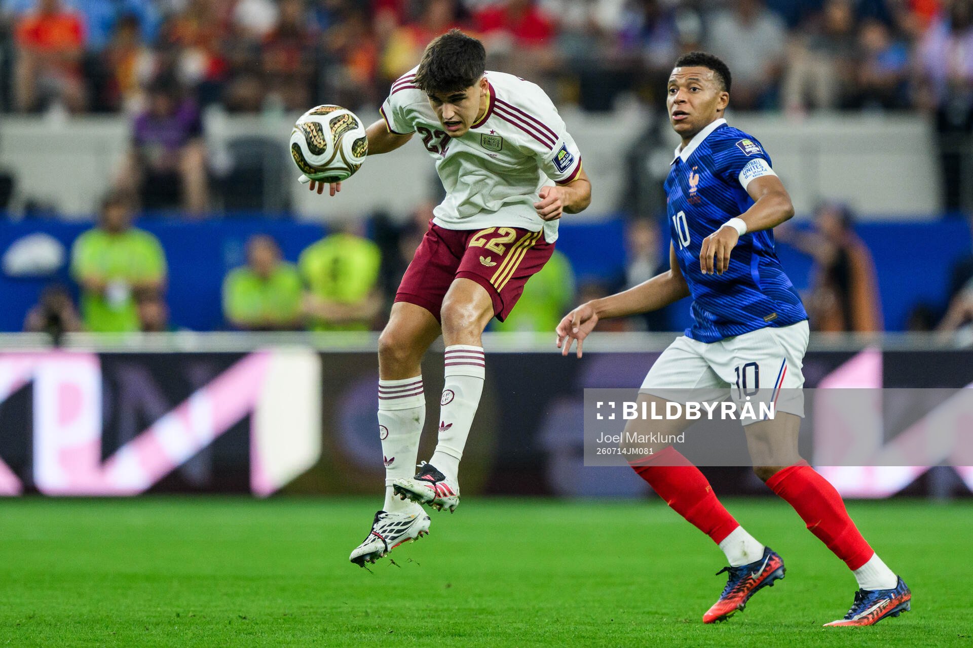 Pau Cubarsi of Spain and Kylian Mbappe of France