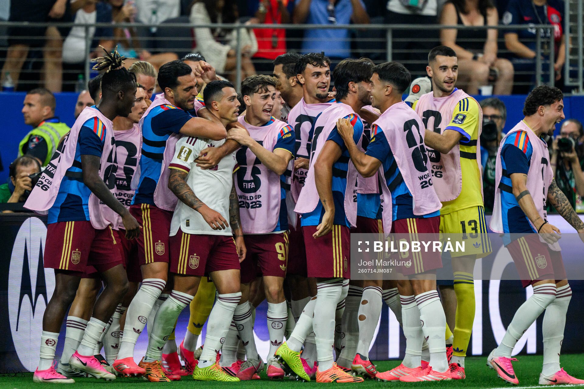 Pedro Porro of Spain celebrate with teammates