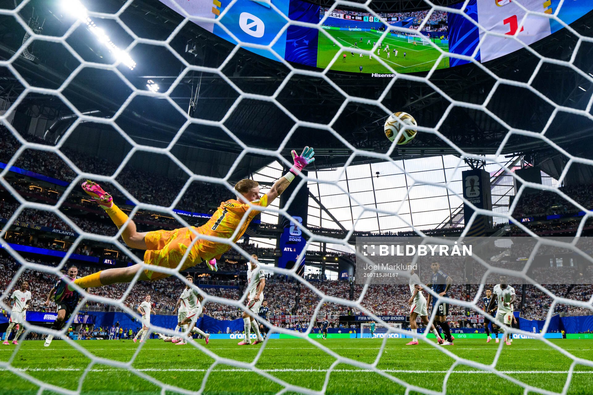 Goalkeeper Jordan Pickford of England lets in the 1-1 goal