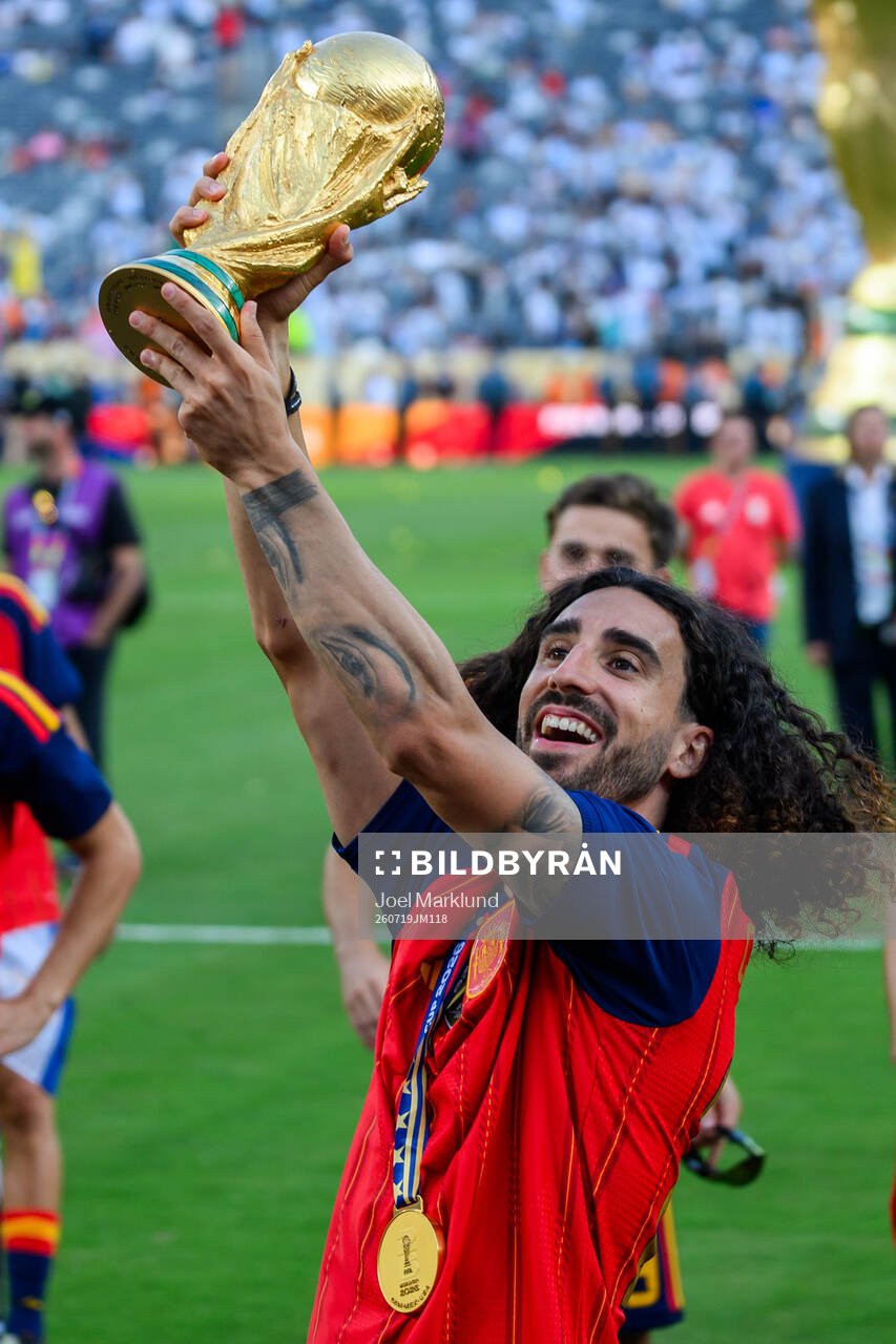 Marc Cucurella of Spain celebrates with the trophy