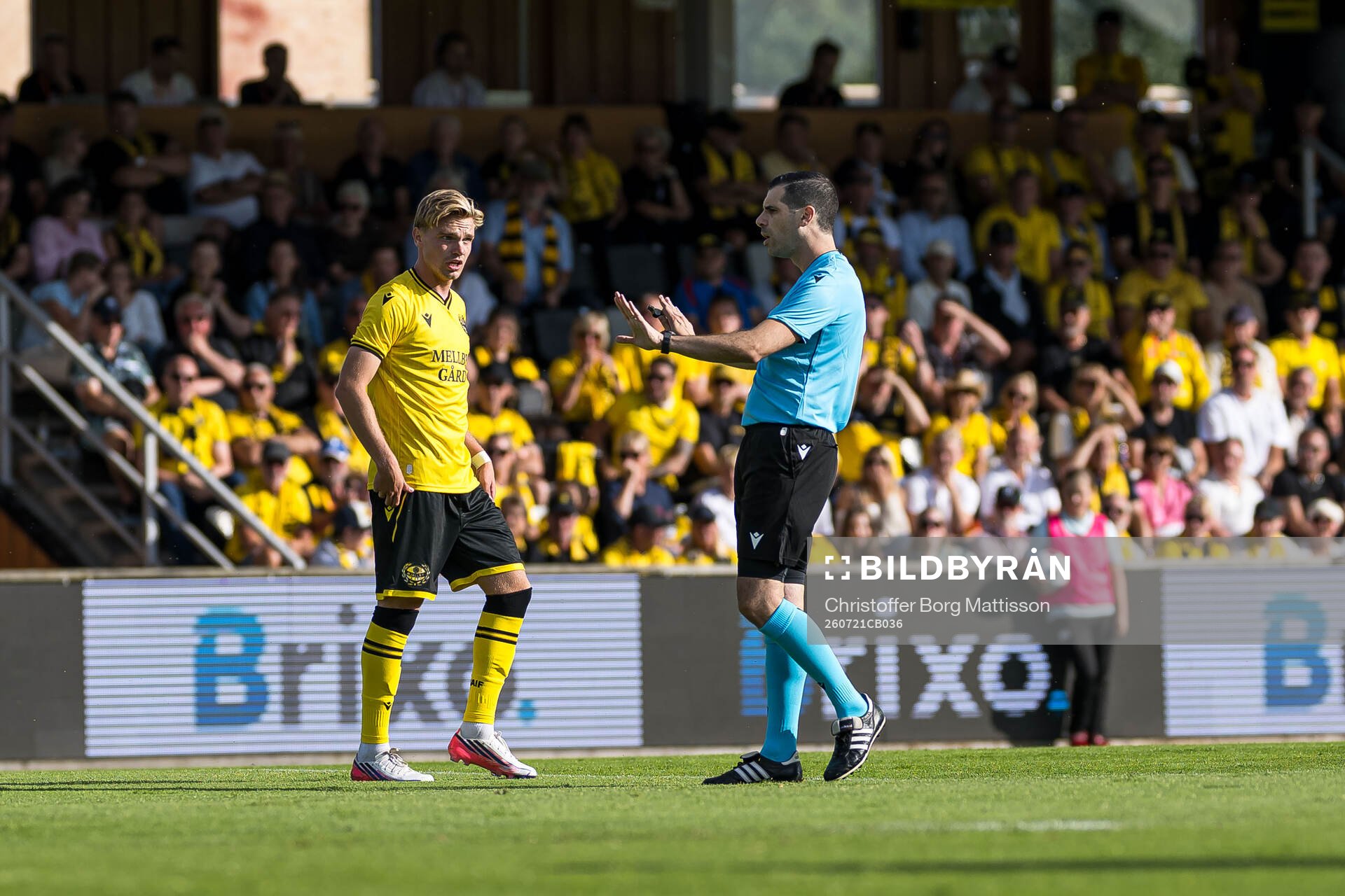 Jeppe Kjaer of Mjällby and Referee Matthew De Gabriele