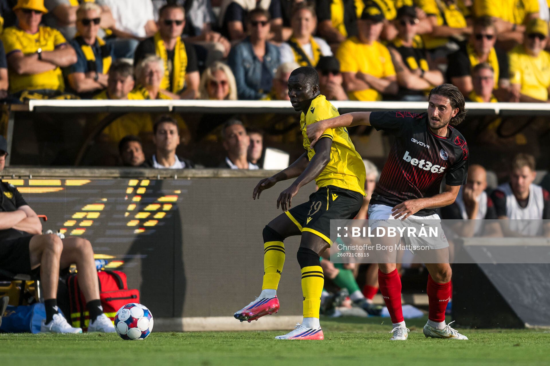 Abdoulie Manneh of Mjällby and Alex Mula of Lincoln Red