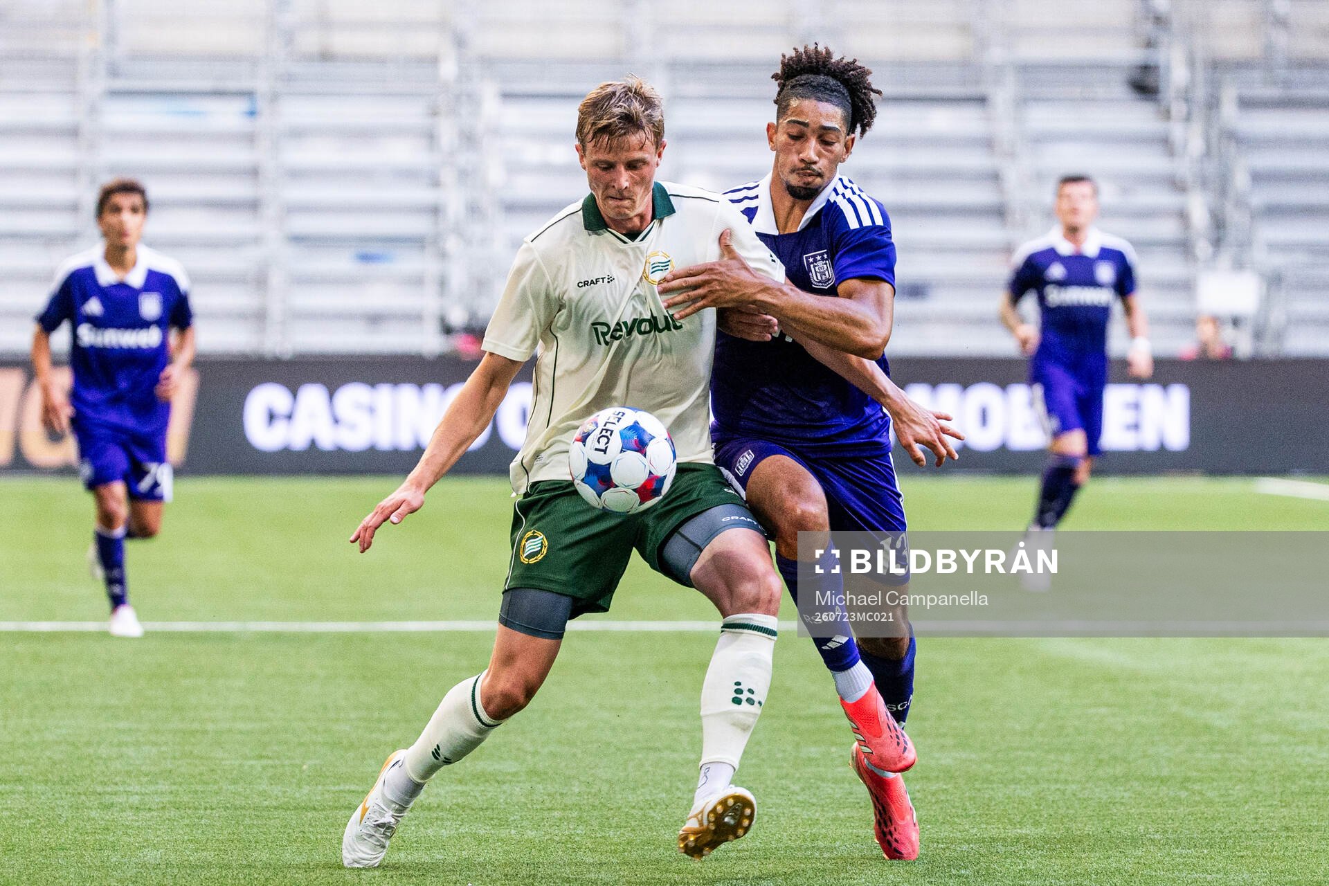 Frederik Winther of Hammarby and Nathan Saliba of Anderlecht