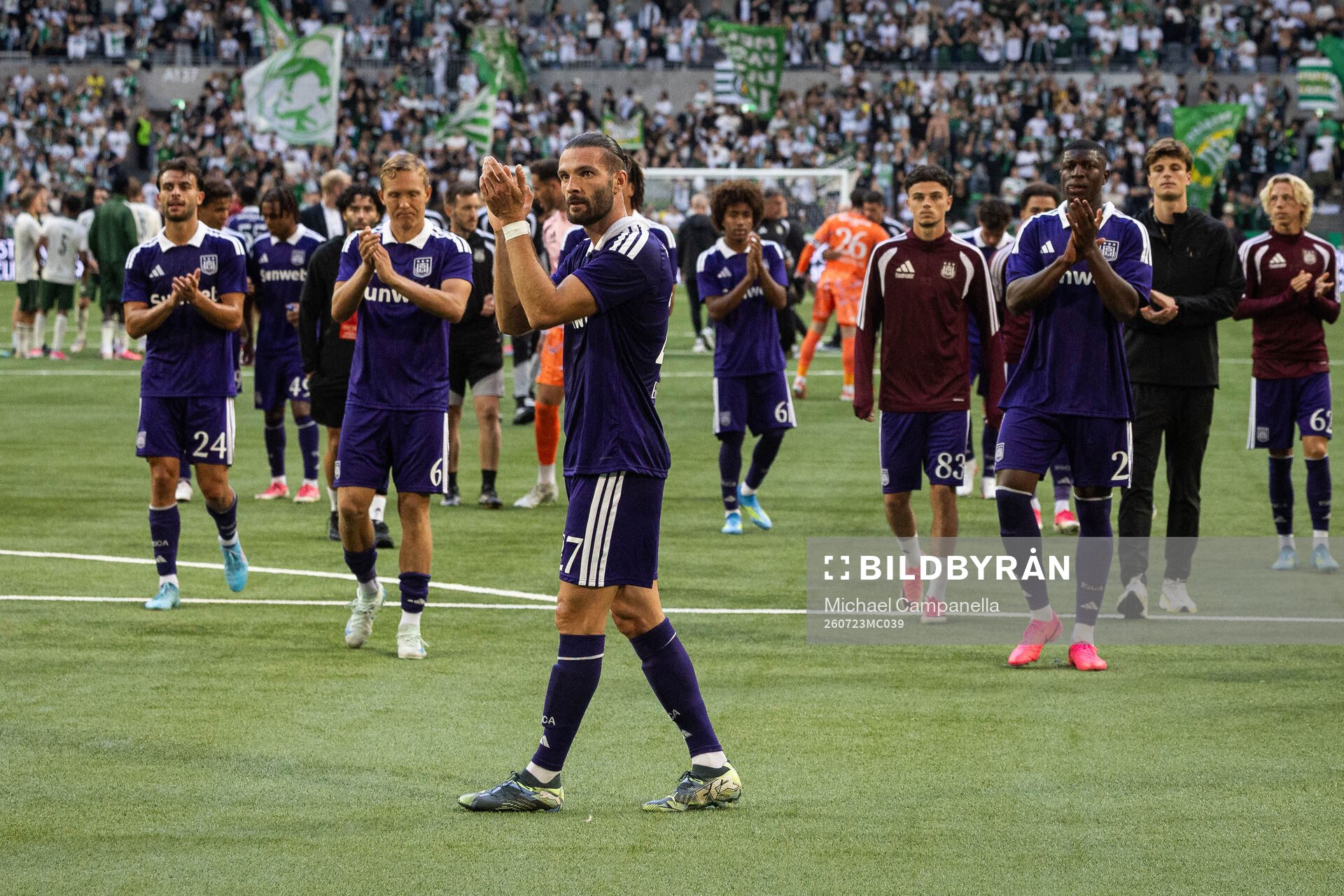 Leo Petrot of Anderlecht thanks supporters