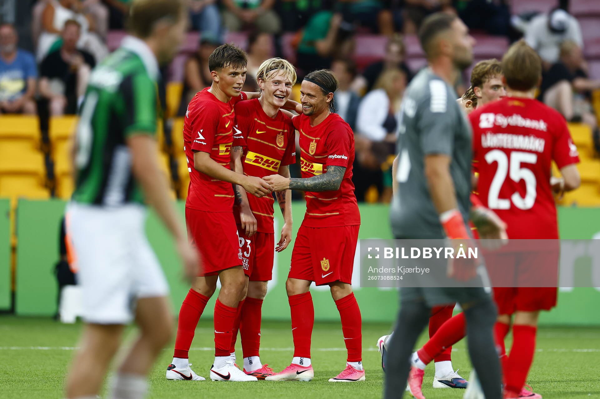 Runar Norheim of Nordsjälland celebrate with teammates