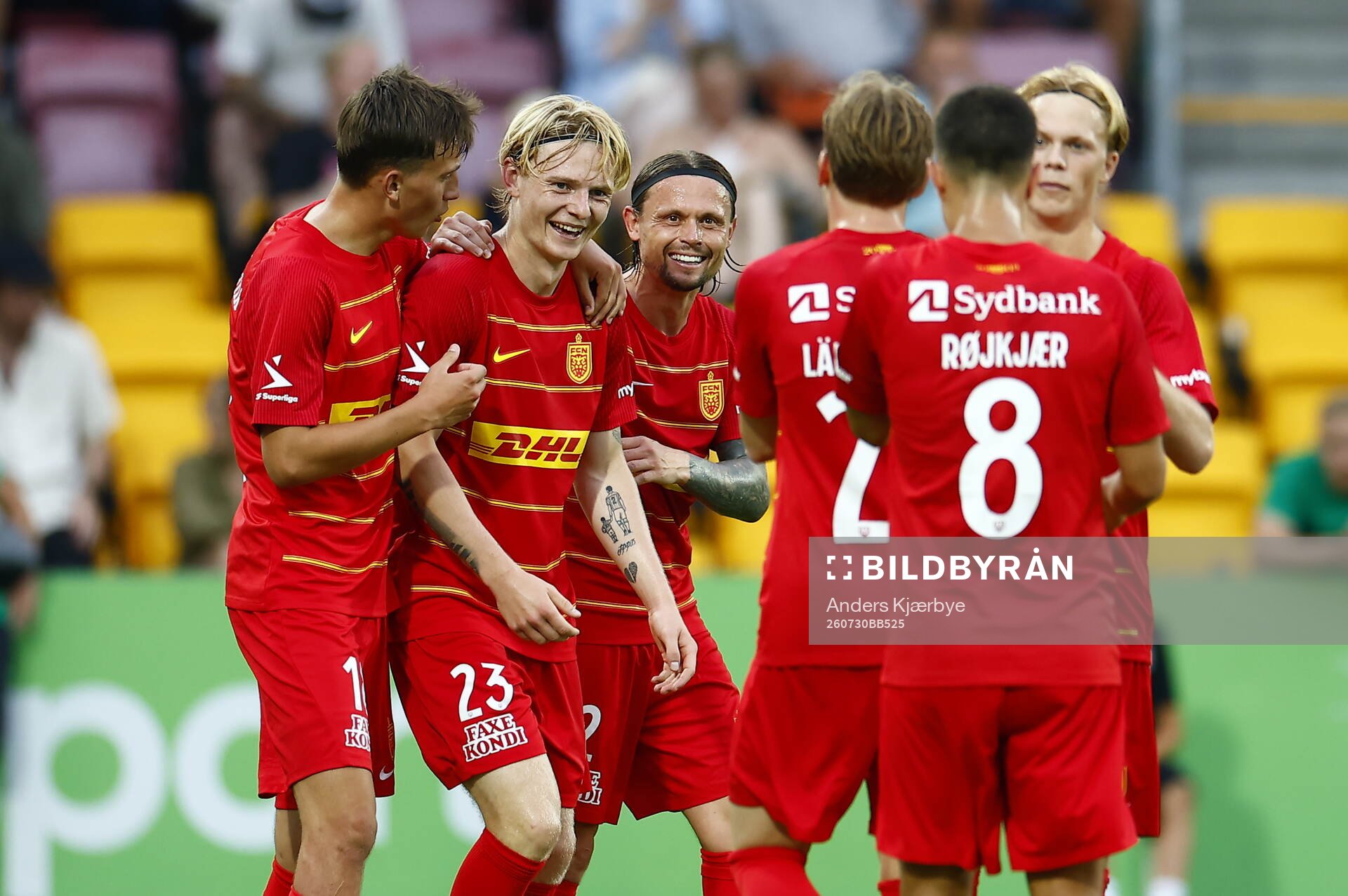 Runar Norheim of Nordsjälland celebrate with teammates