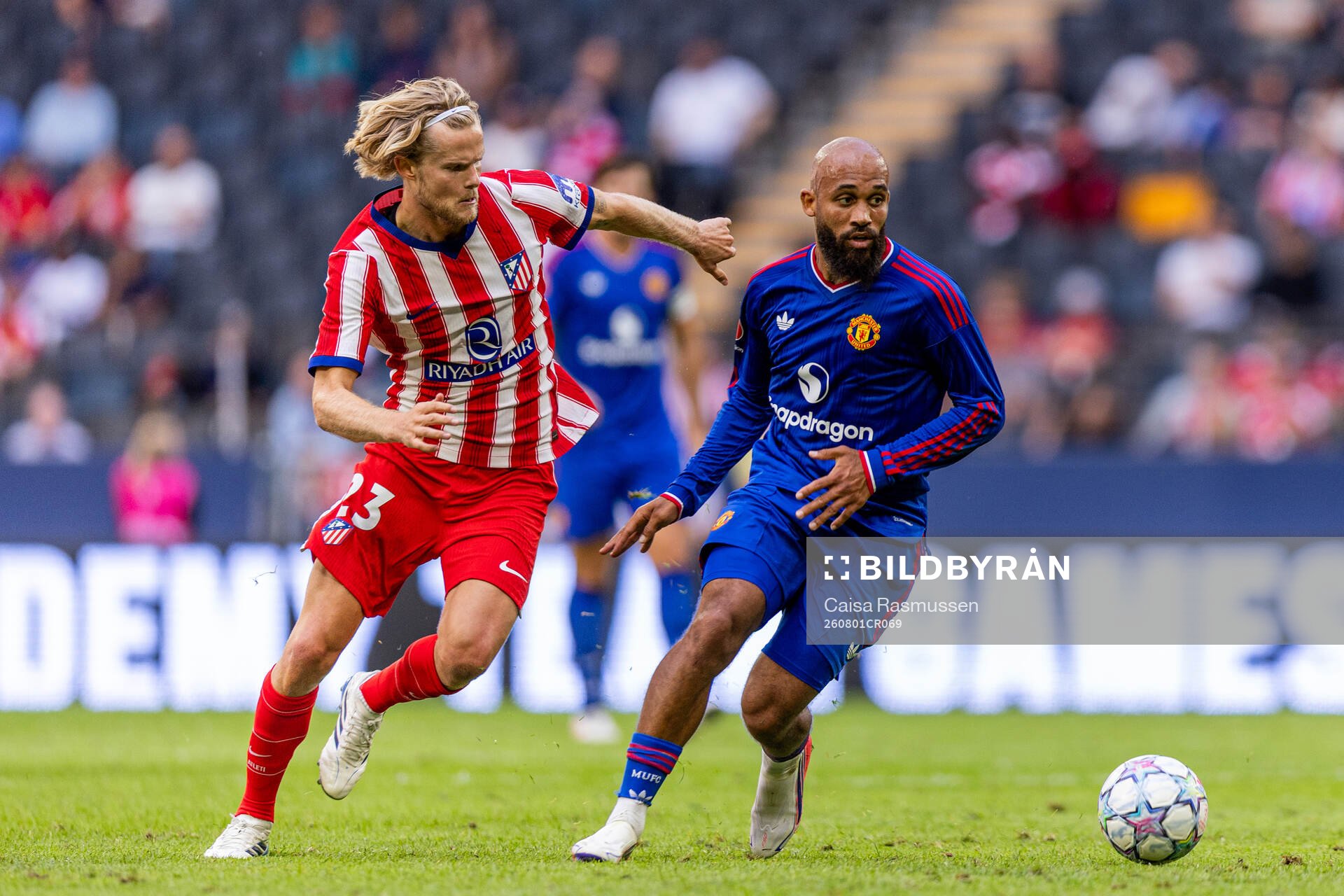 Hjulmand of Atletico de Madrid and Bryan Mbeumo of