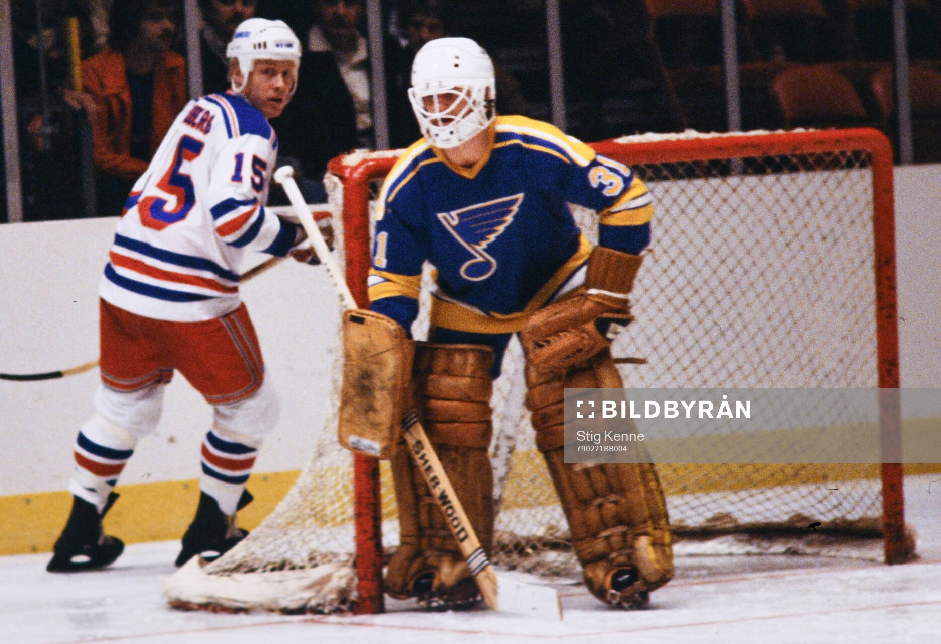 Anders Hedberg of New York Rangers and goalkeeper Ed
