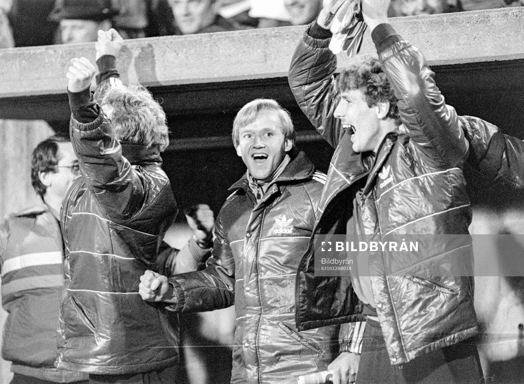Football, Bundesliga 1983-1984, Stuttgart - Bayern Munich: Dan Corneliusson and other players of Stuttgart celebrate.   
