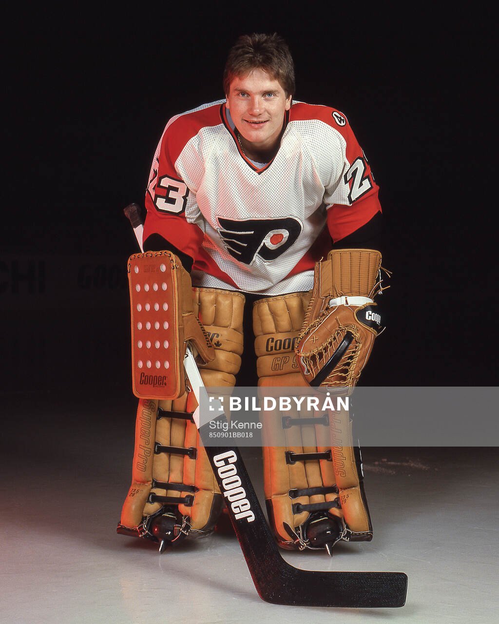 Goaltender Pelle Lindbergh of Philadelphia Flyers poses for