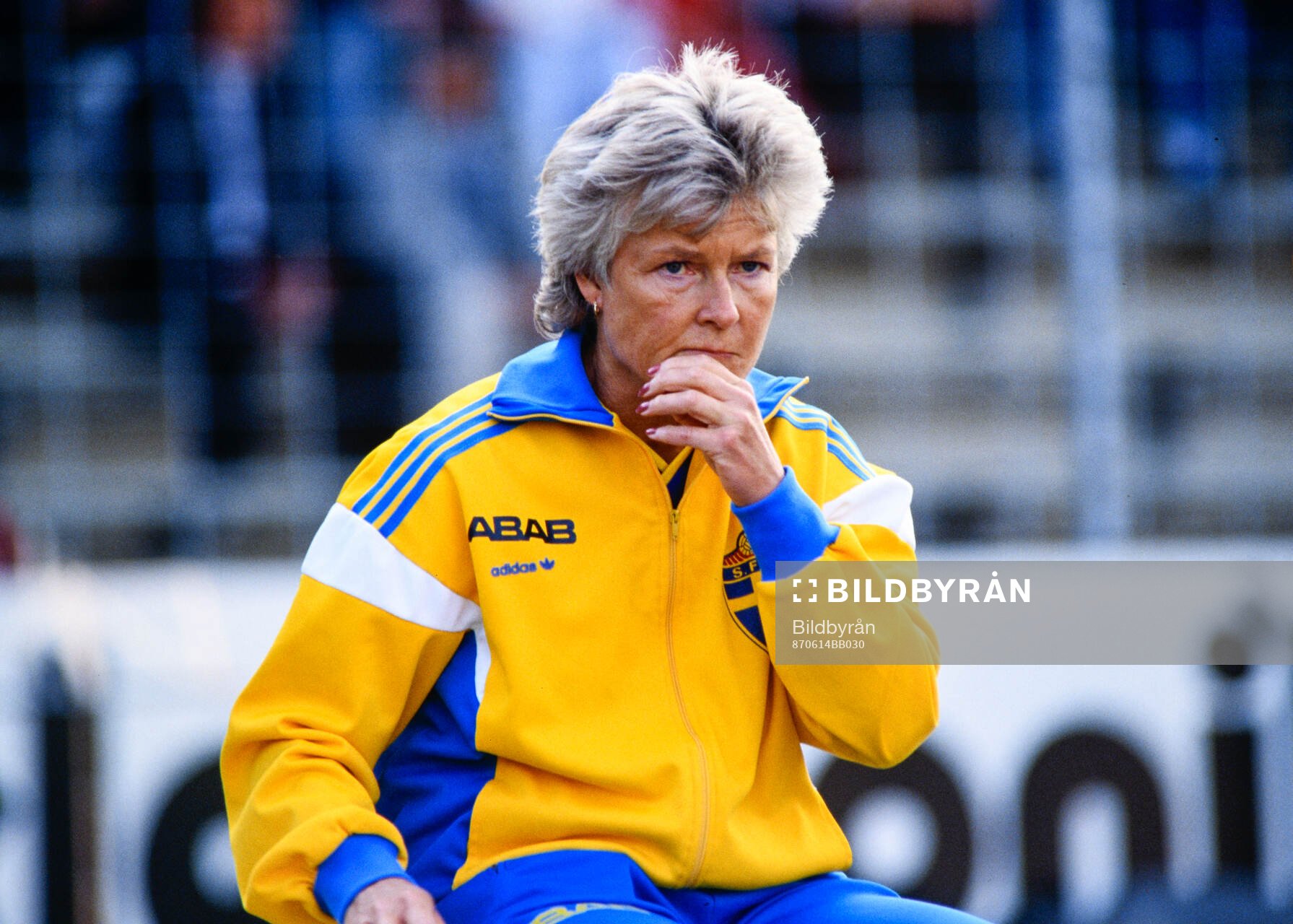 Fotboll, Dam, EM 1987, Final, Norge - Sverige 2-1: Sveriges förbundskapten Gunilla Paijkull.