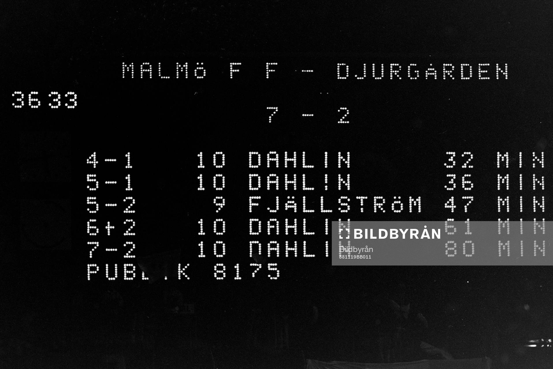 Resultattavlan på Malmö stadion. Martin Dahlin