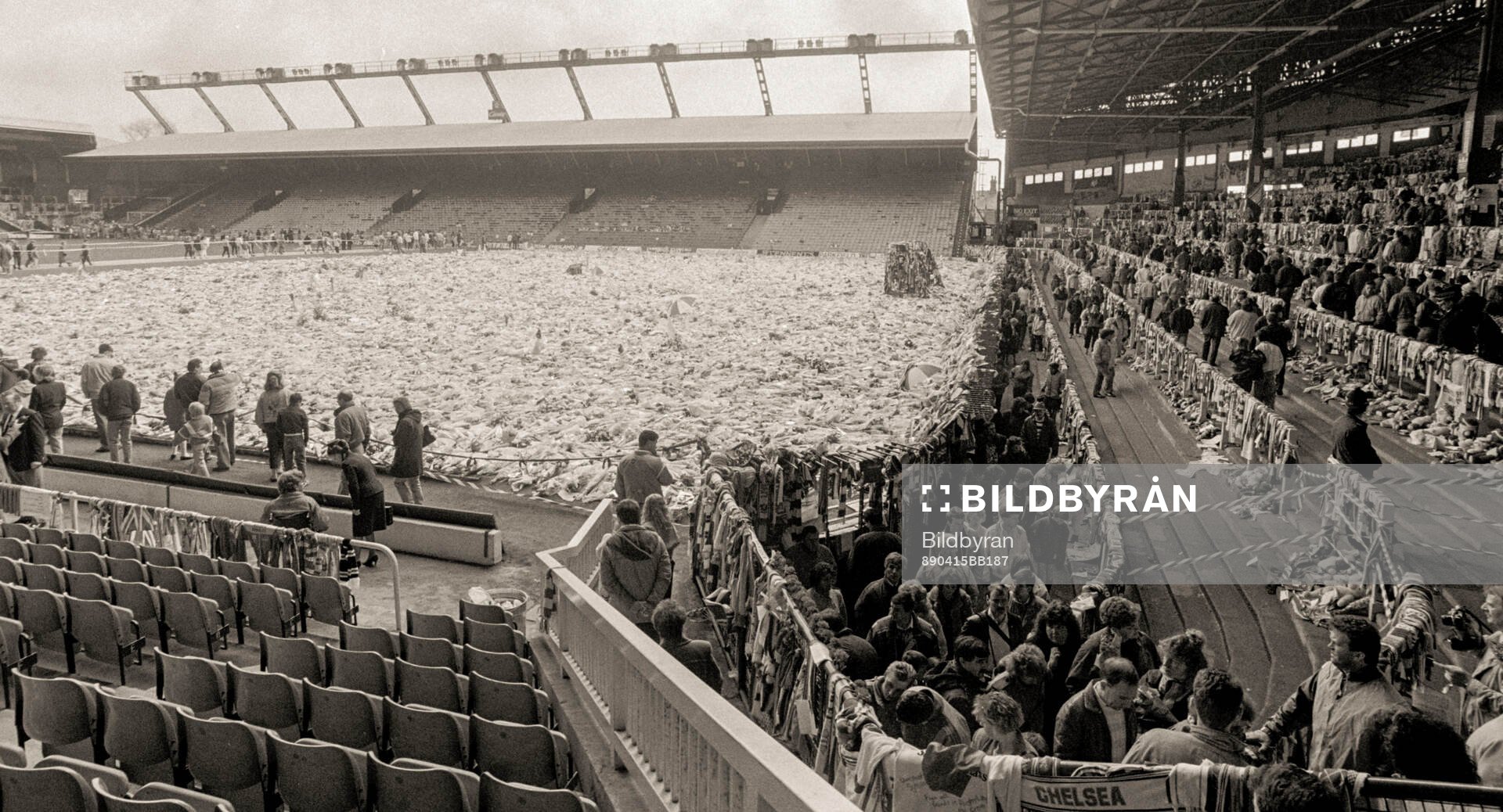 People look at a sea of flowers and scarves at Anfield to