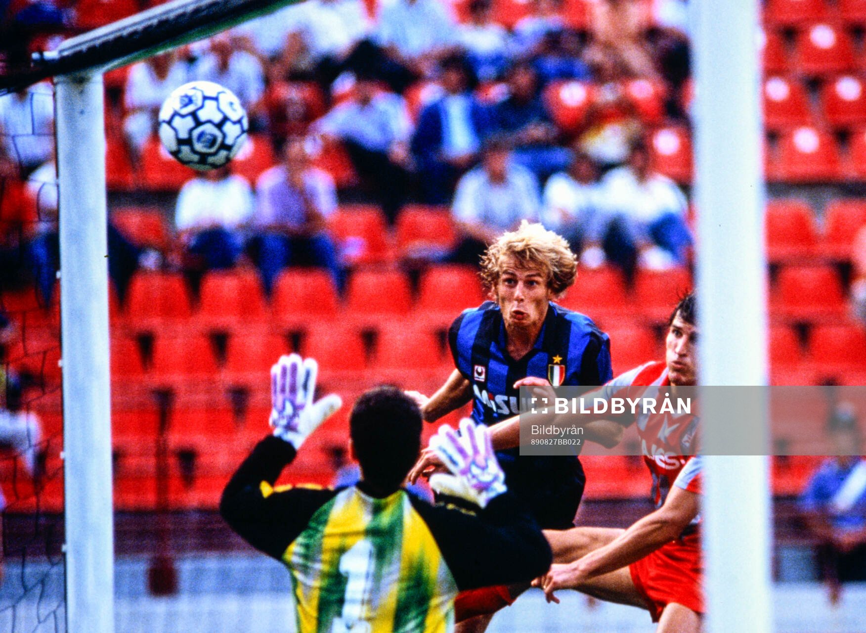 Inters Jürgen Klinsmann scores with a header
