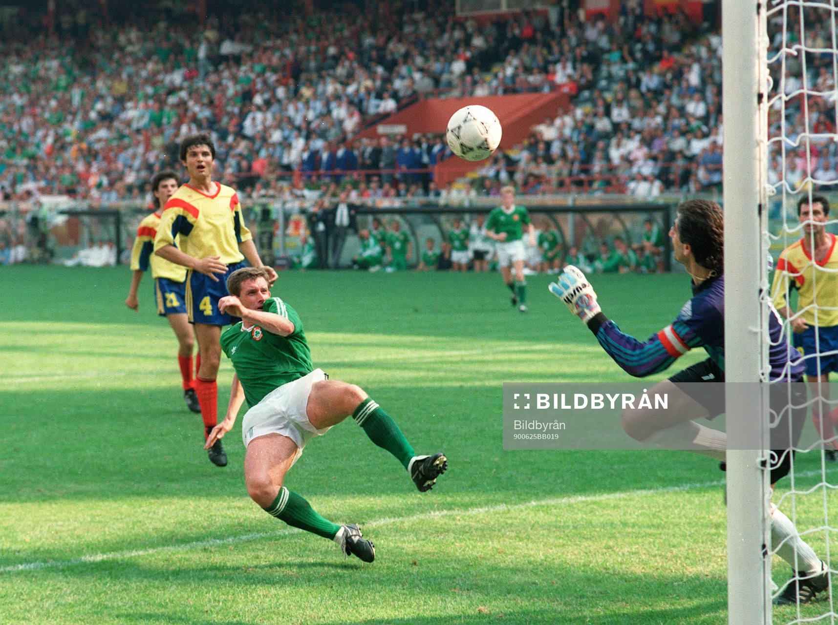 Irlands Kevin Sheedy oroar rumäniens målvakt Silviu Lung