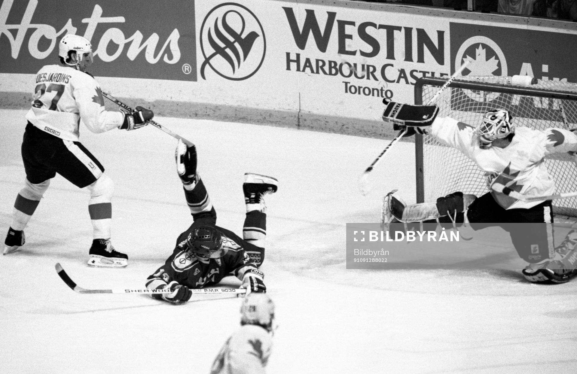 Peter Andersson framför kanadas målvakt Bill Ranford