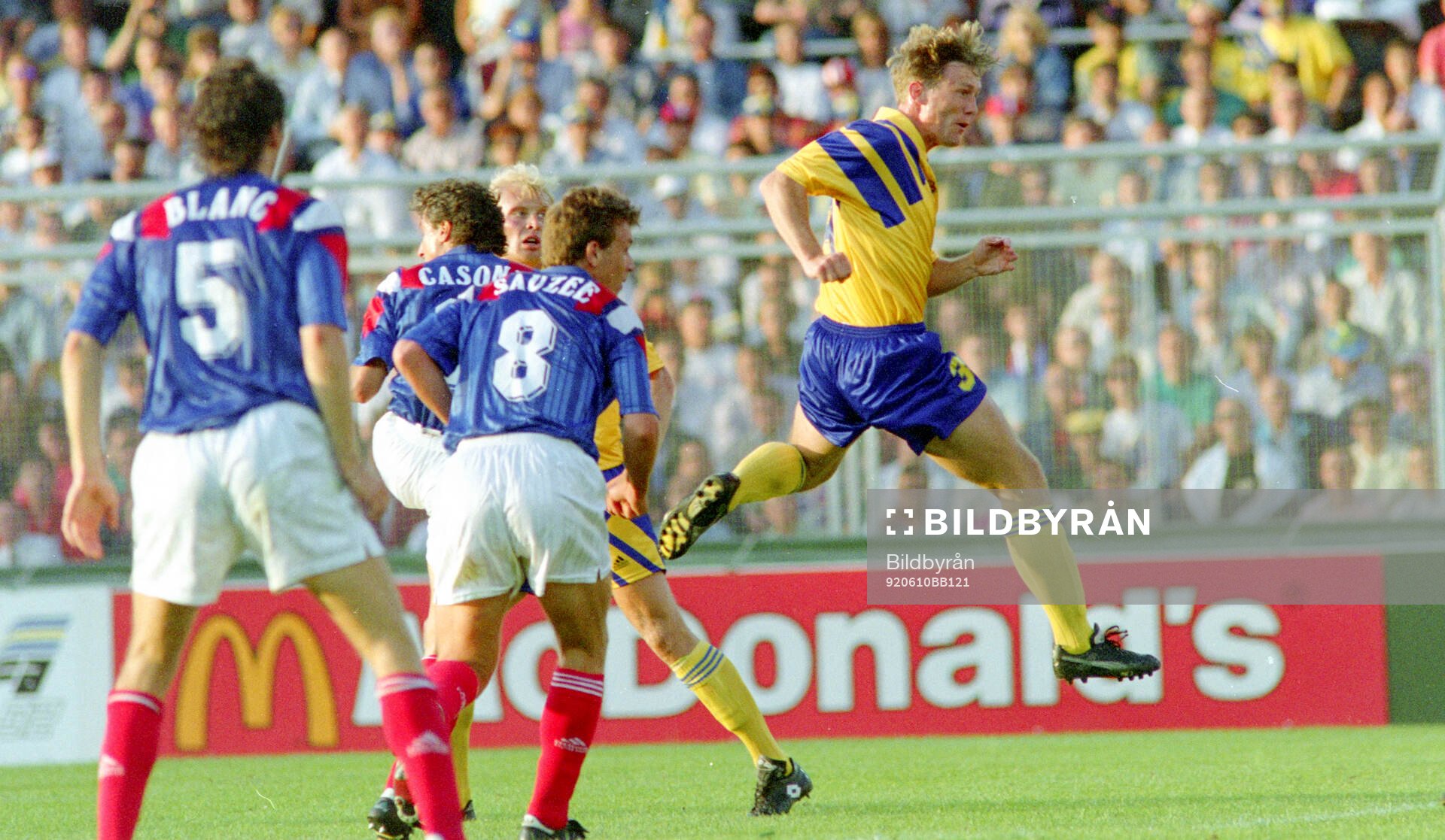 Swedens Jan Eriksson scores the first goal with a header