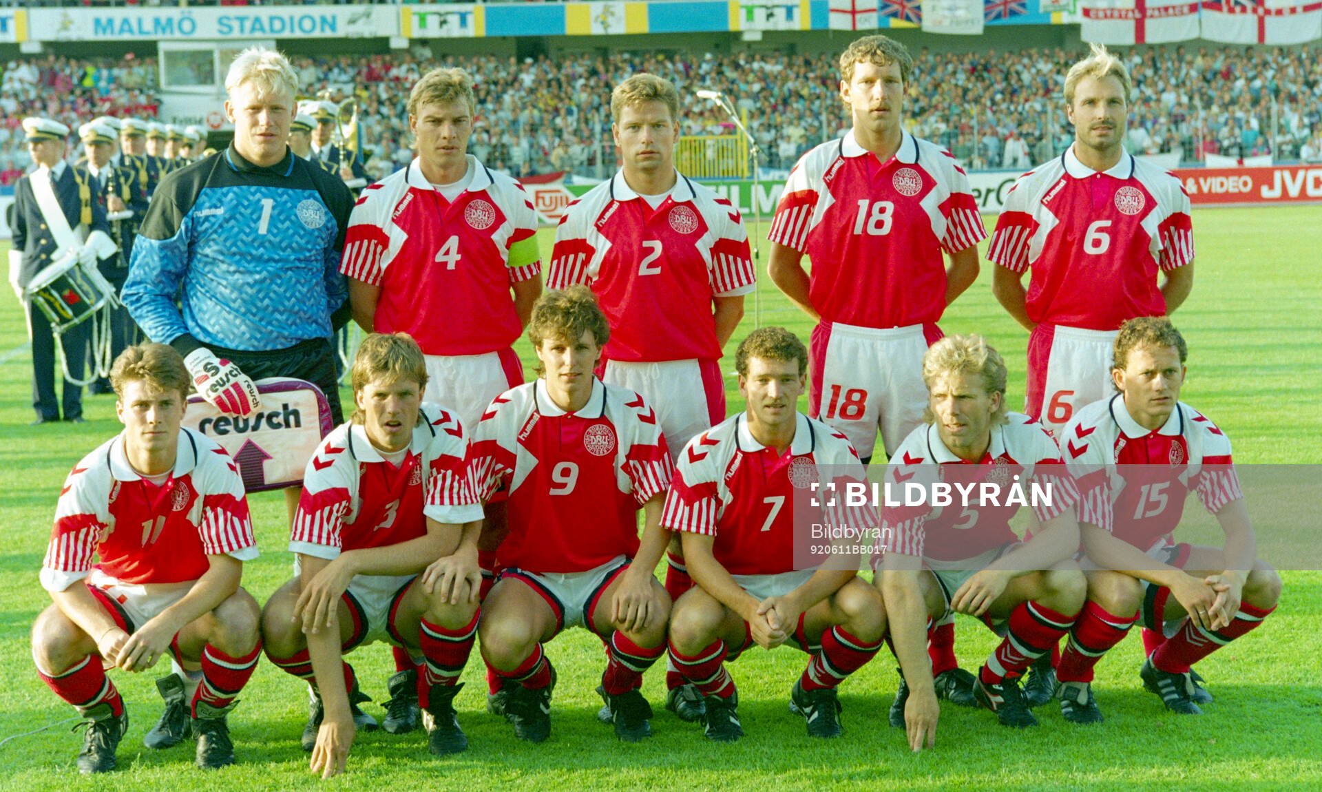 Denmark team group. Backrow L-R: Peter Schmeichel, Lars