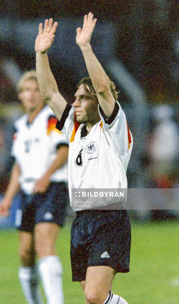 Germanys Thomas Hassler celebrates his equalizing goal in