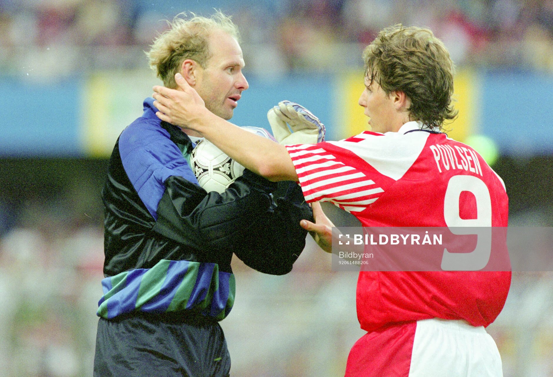 Swedish goalkeeper Thomas Ravelli and Denmarks Flemming