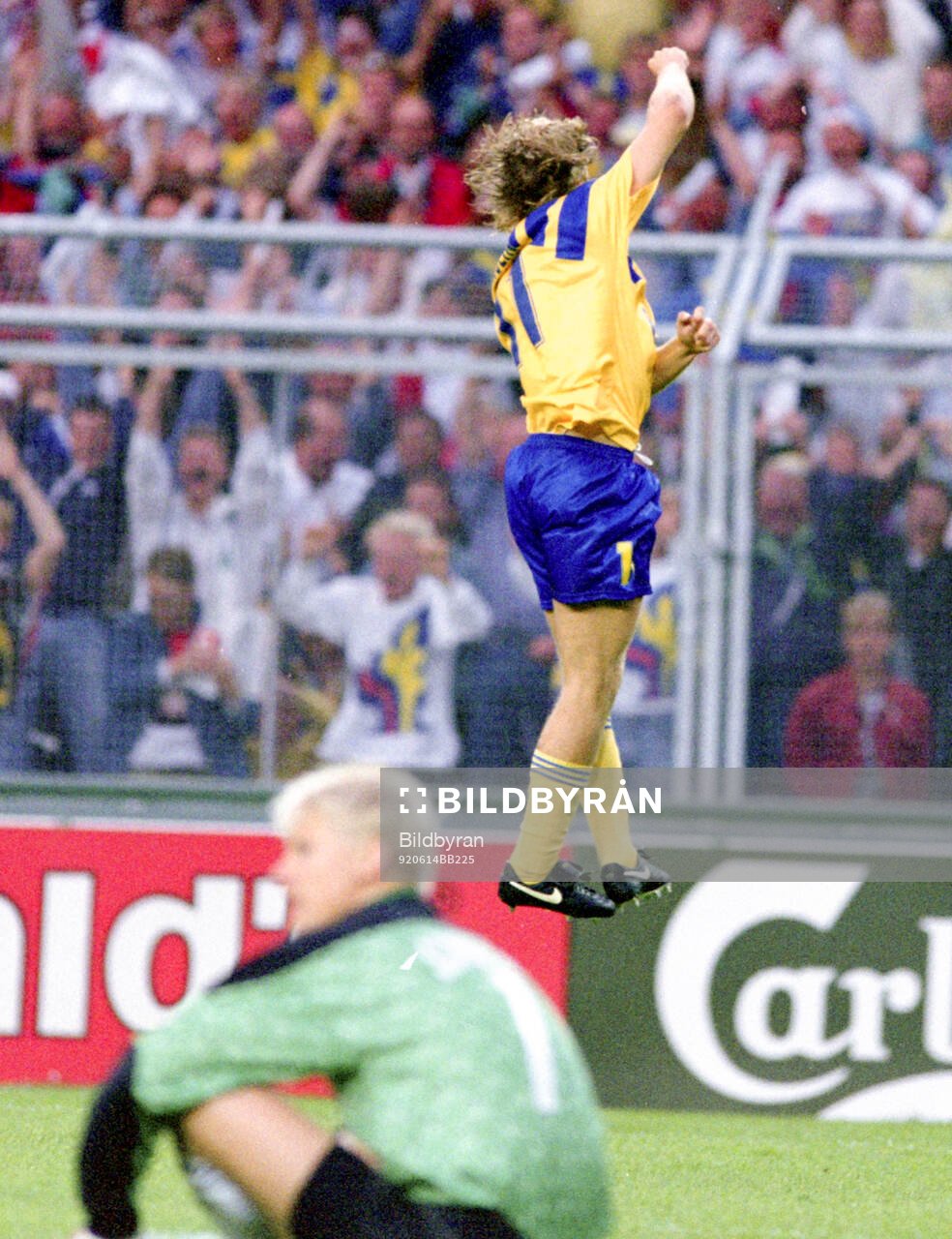 Swedens Tomas Brolin celebrates his goal, Denmarks