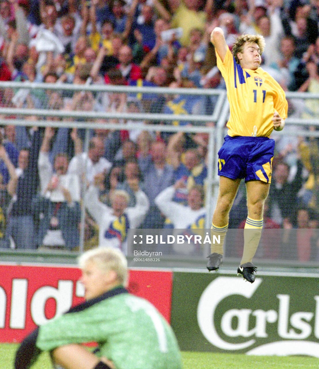 Swedens Tomas Brolin celebrates his goal, Denmarks