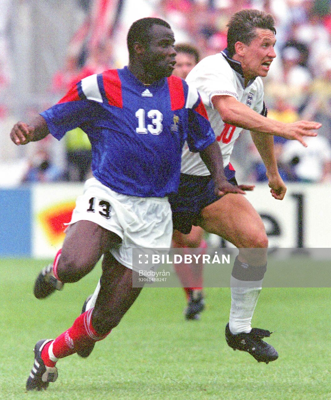 France’s Basile Boli against Englands Gary Lineker