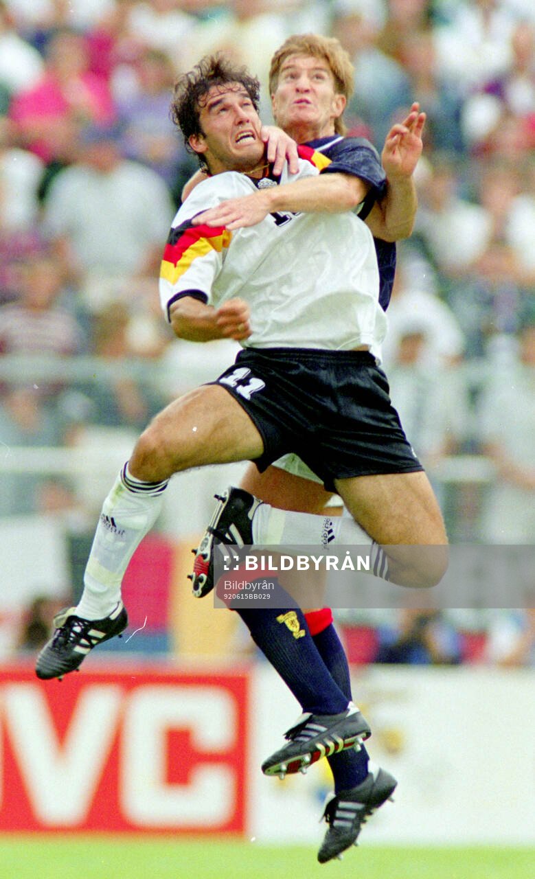 Germanys Karl-Heinz Riedle against Scotlands Richard Gough