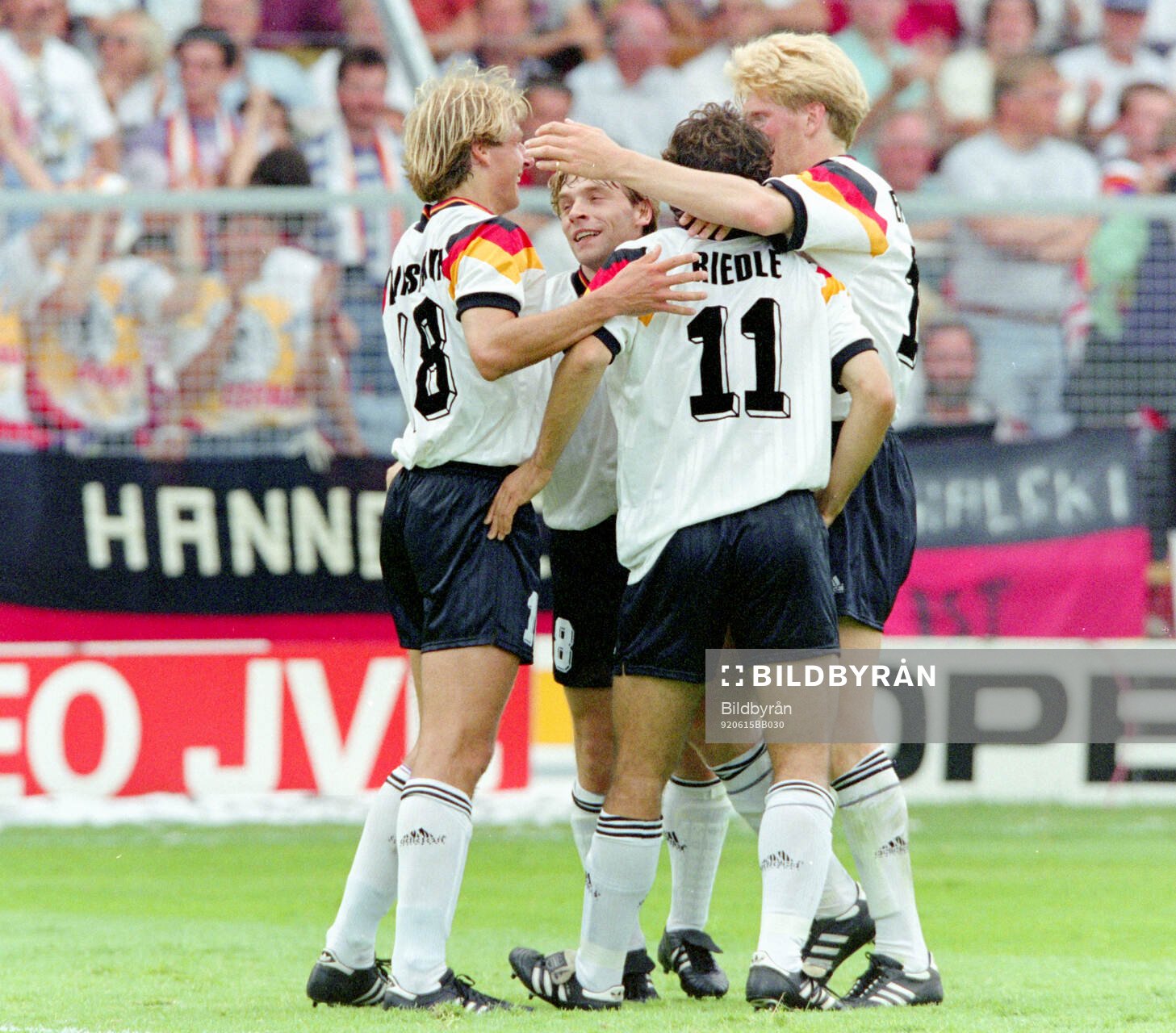 Germanys Karl-Heinz Riedle celebrates his 1-0 goal with
