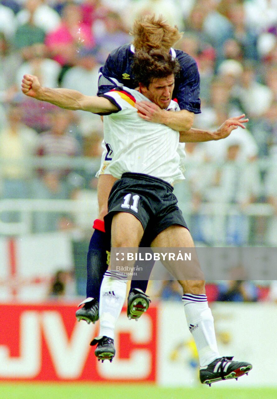 Germanys Karl-Heinz Riedle against Scotlands Richard Gough
