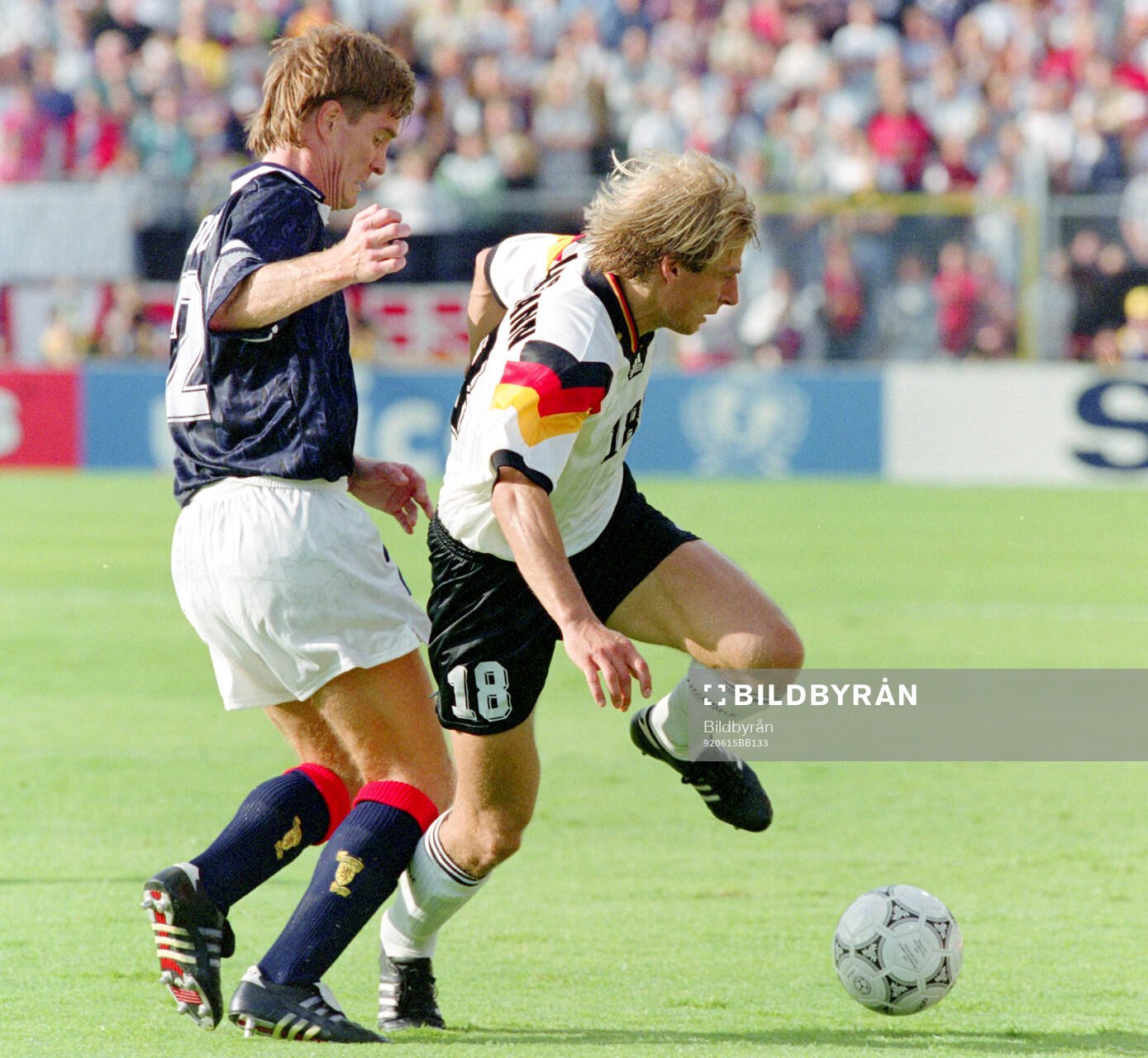 Germanys Jurgen Klinsmann against Scotlands Richard Gough