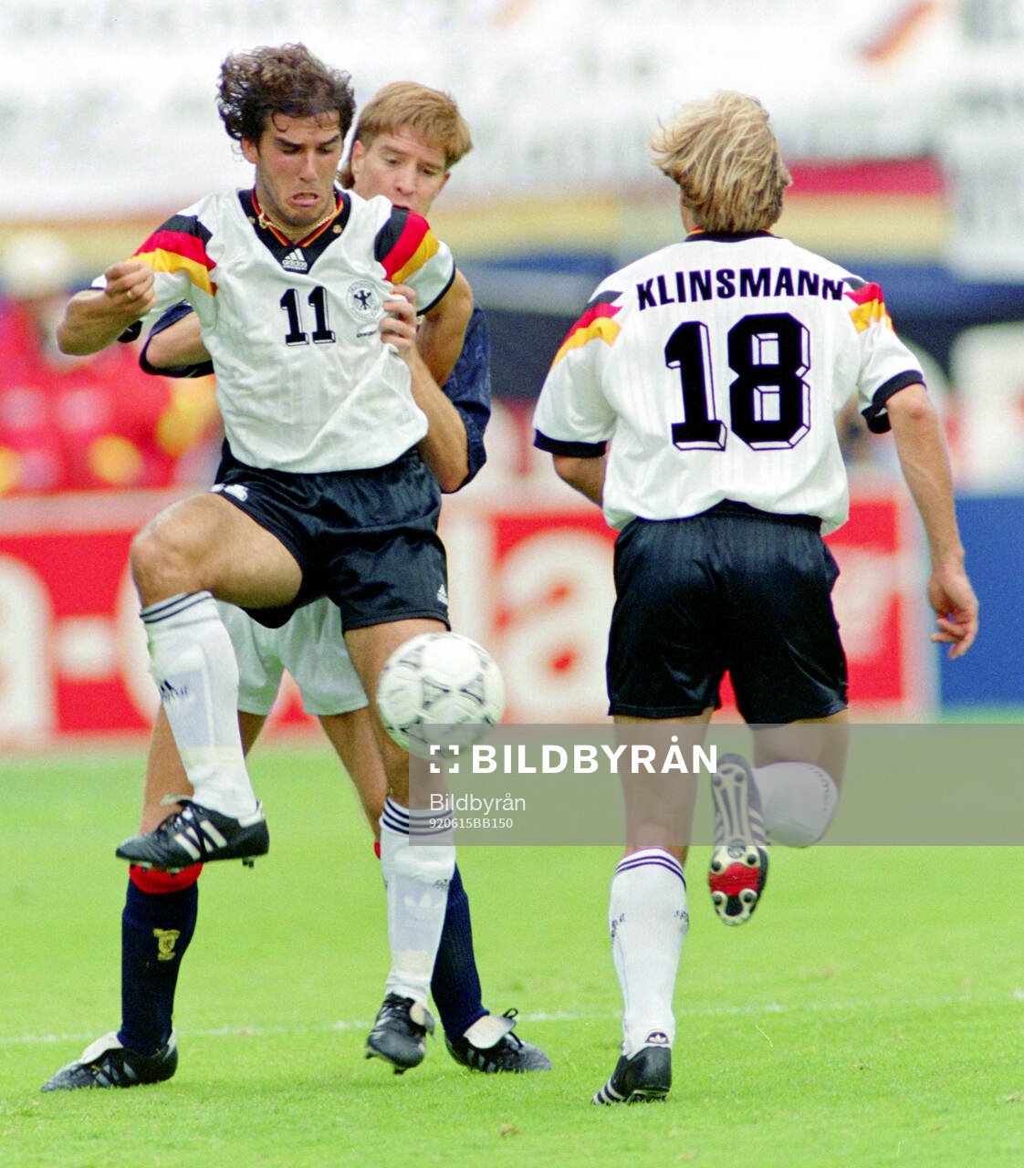 Germanys Karl-Heinz Riedle and Jurgen Klinsmann against