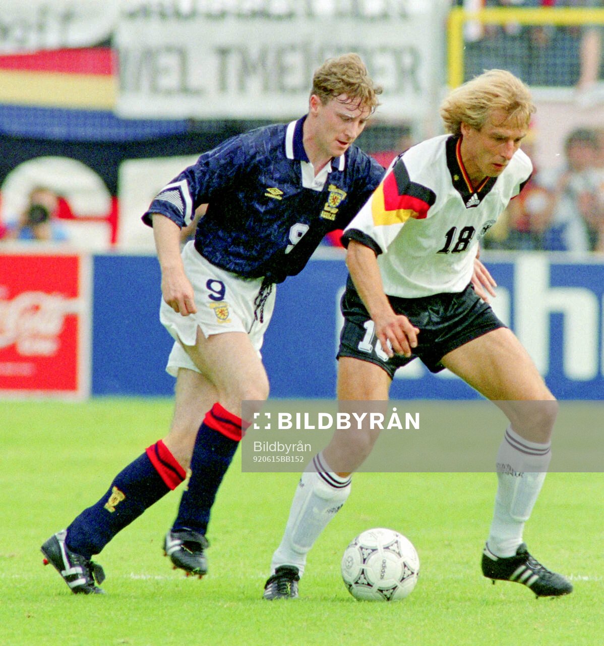 Germanys Jurgen Klinsmann against Scotlands Stewart McKimmie